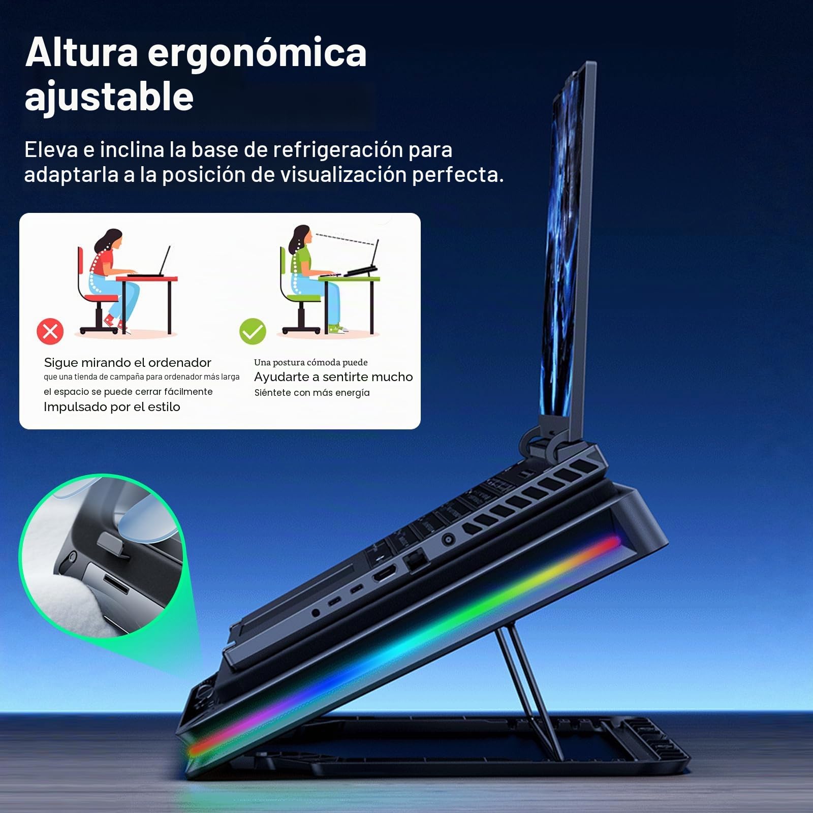 Base Refrigeradora Portatil, Base refrigeradora portatil Gaming RGB con Velocidad Ajustable Ventilador Turbo de 18 cm, Refrigerador Portatil para Enfriamiento Rápido de Portátiles de 13-19 Pulgadas