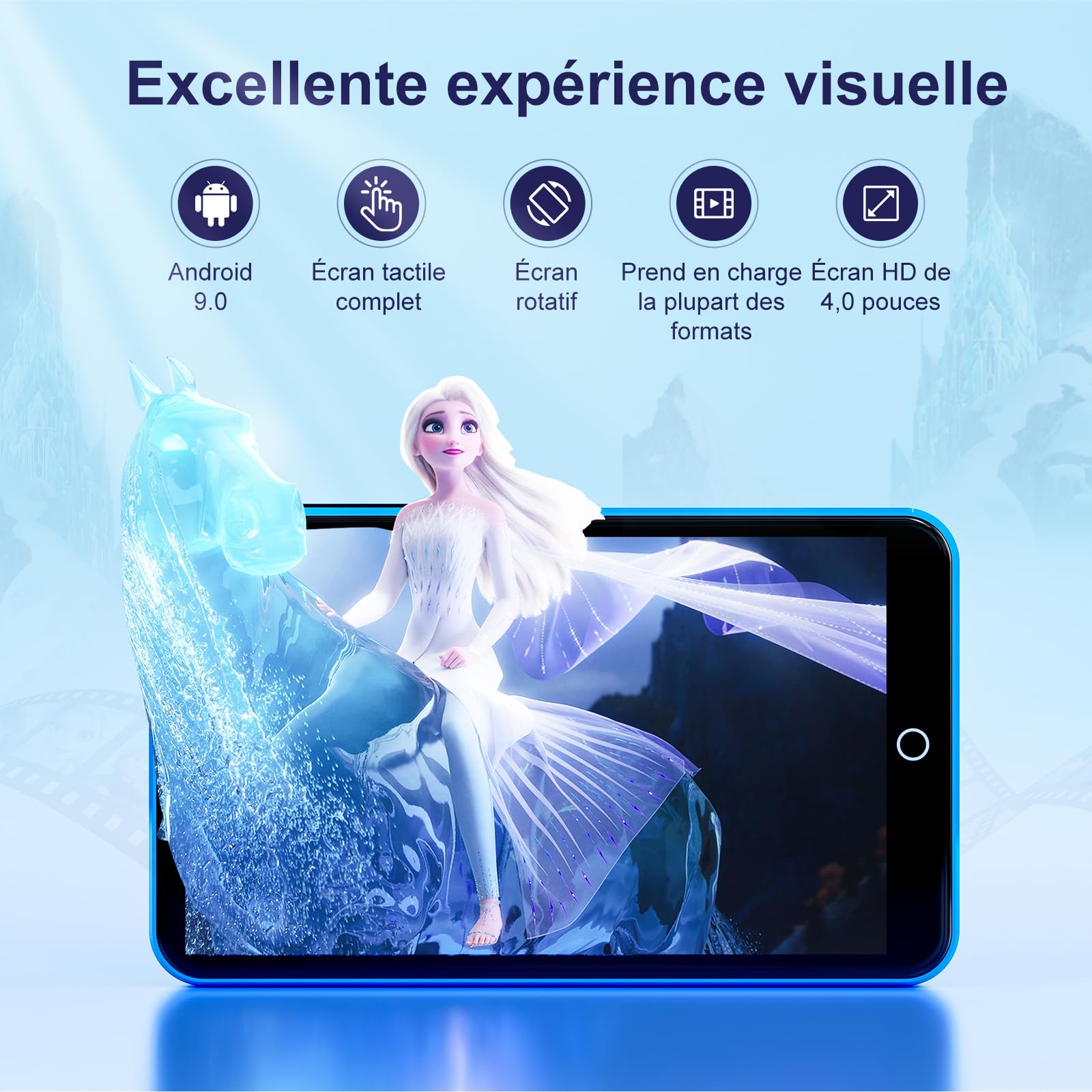 Lecteur MP3 16 Go avec Bluetooth et Wi-Fi, lecteur MP3 et MP4 Android avec écran tactile de 4 pouces et haut-parleur, lecteur de musique Spotify 2000 mAh avec Spotify Kids, Audible, Amazon