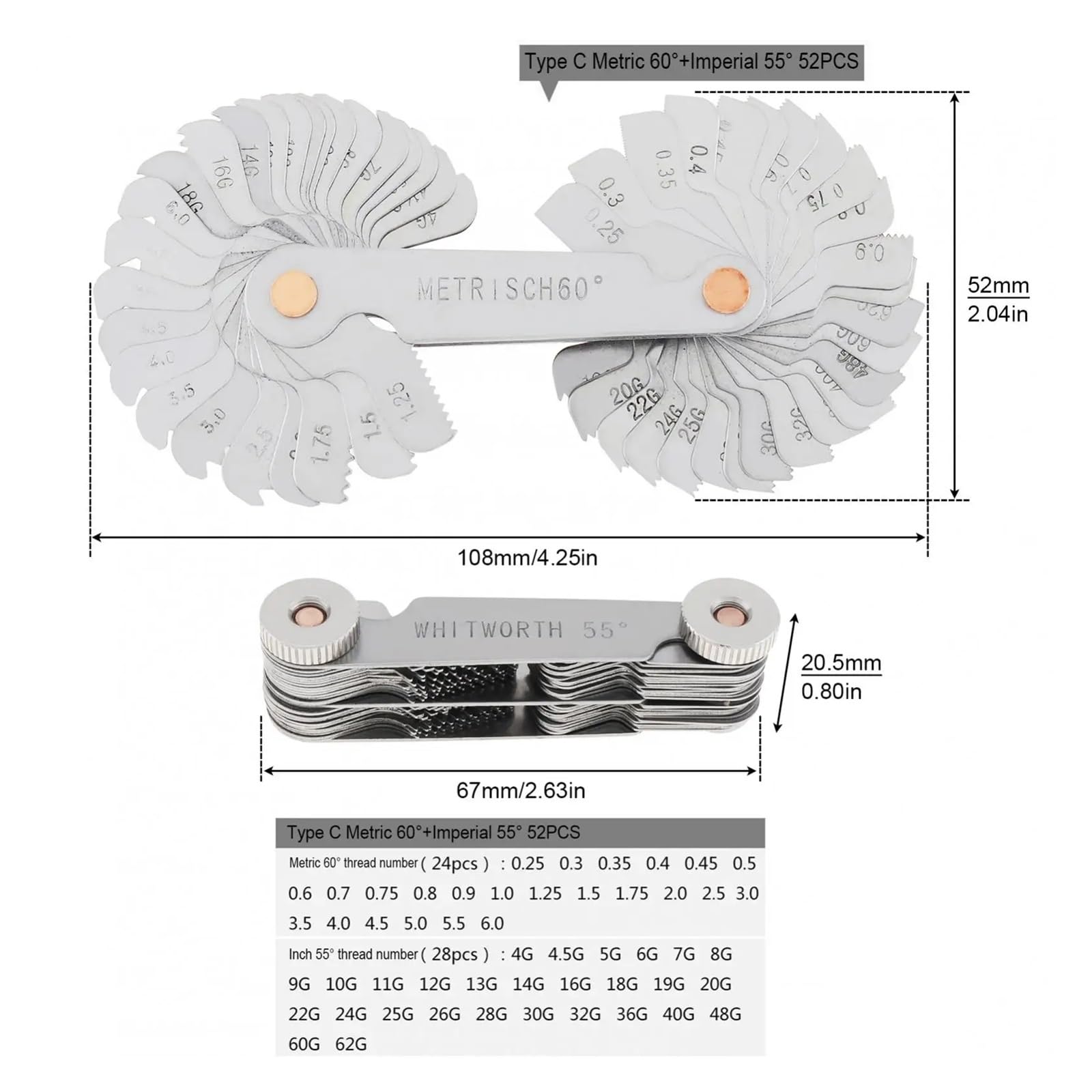 Galgas de espesores, Juego de 4 calibres rosca métrica 55 y 60 grados for medición industrial