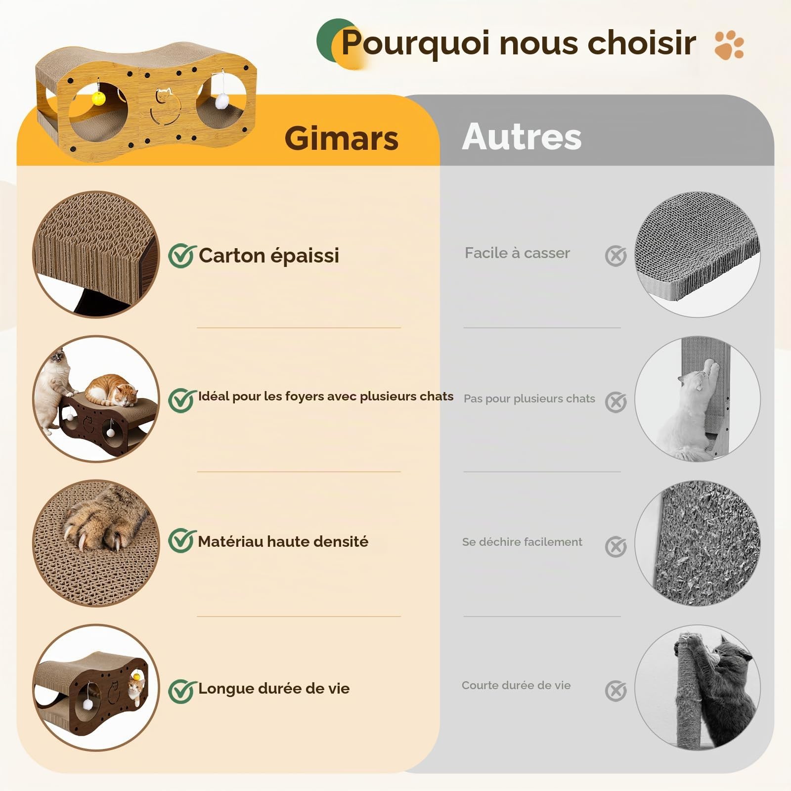 Gimars Griffoir Chat en Carton 3-en-1 avec Tunnel, Griffoir en Carton pour Chats avec Balles, Protection des Meubles, Style Bois (Noyer)
