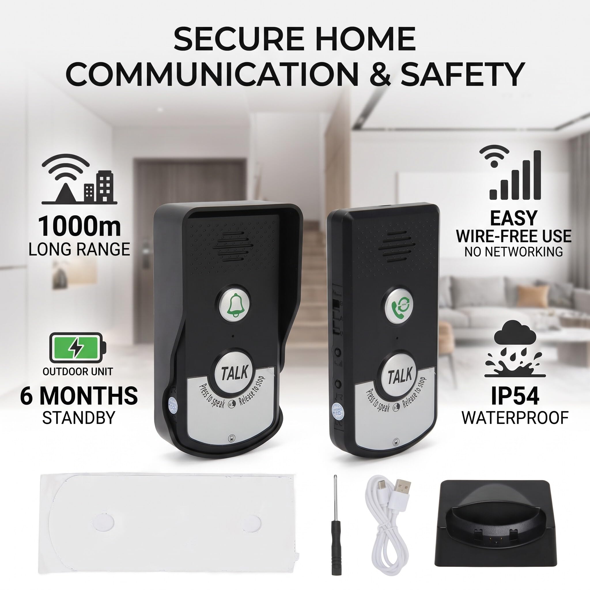 Yosoo Health Gear Campanello Interfonico Wireless, Interfonico Vocale a Lunga Distanza, Citofono Domestico e Campanello, Internet Non Richiesto, Tolleranza All'acqua IP54 per Casa e Hotel
