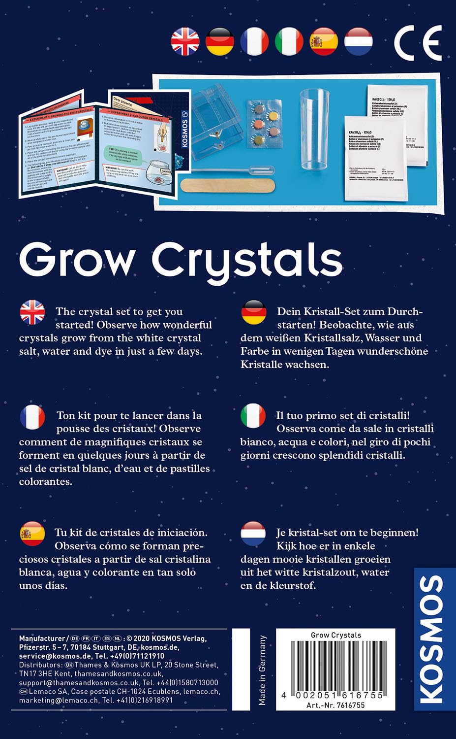 KOSMOS 616755 Grow Crystals - zestaw eksperymentów w hodowli kryształów dla dzieci z wielojęzycznymi instrukcjami (DE, EN, FR, IT, ES, NL)