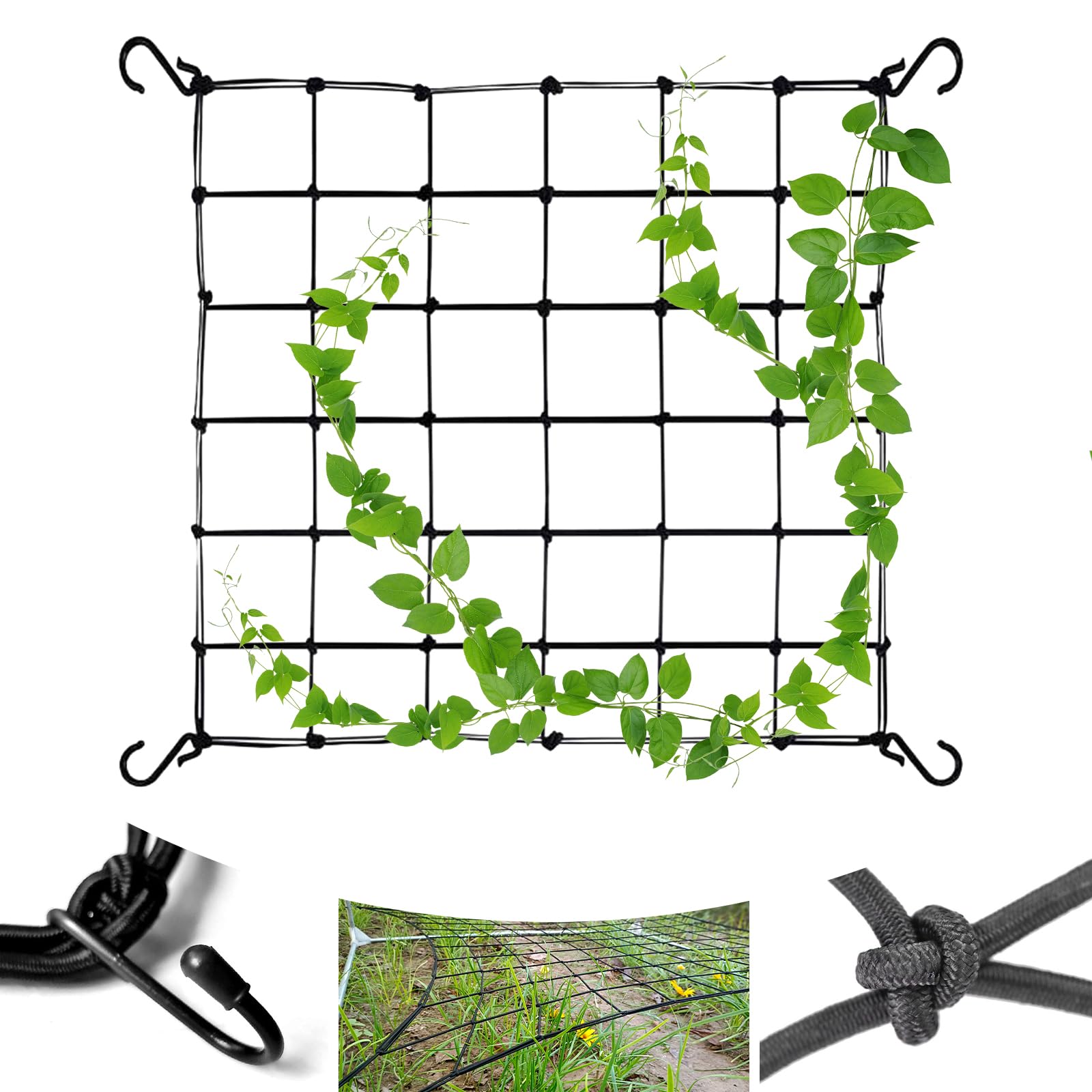 Elastic Trellis Netting with 4 Hooks, Heavy-Duty Plant Support Netting, Garden Grow Tent Net for Climbing Plants, Melons, Vegetables, Fruits and Flowers (120X120cm)