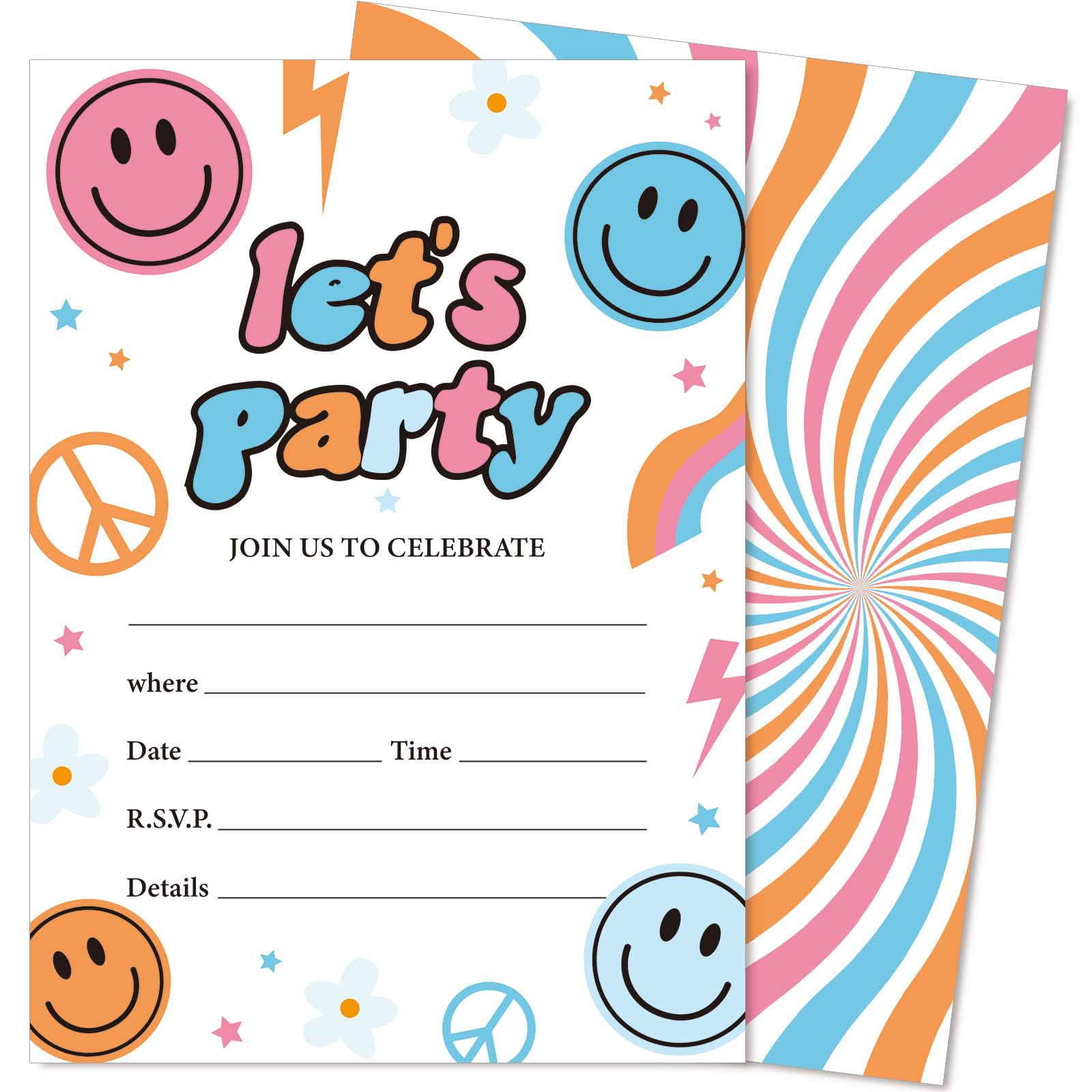 JarThenaAMCS 25 Set Smile Face Party Invitations with Envelopes Pink Blue Orange Smile Pattern Paper Invites for Birthday Baby Shower Wedding, 5 x 7