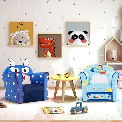 Miniatura 10 de HONEY JOY Sofá para niños, sillón para niños pequeños con patrón de astronauta, mini muebles de sala de juegos para niños, construcción de madera