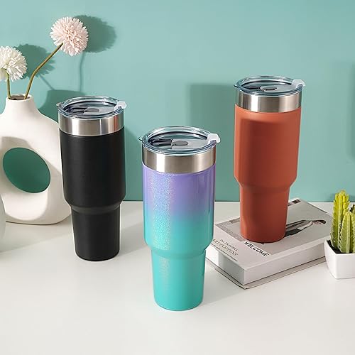 Miniatura 4 de Lifecapido Vaso de 40 onzas, vaso de acero inoxidable, vaso aislado al vacío de doble pared con tapas y popotes, taza de viaje con recubrimiento en