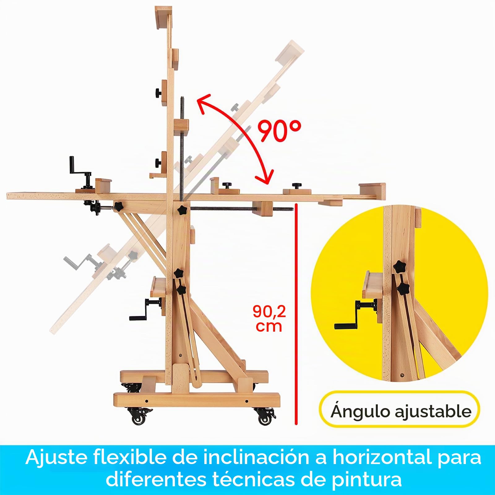 MEEDEN Caballete de estudio de manivela grande de lujo, caballete de pintura de artista resistente, madera de haya maciza con altura ajustable, caballete plano móvil e inclinable, soporta lienzo