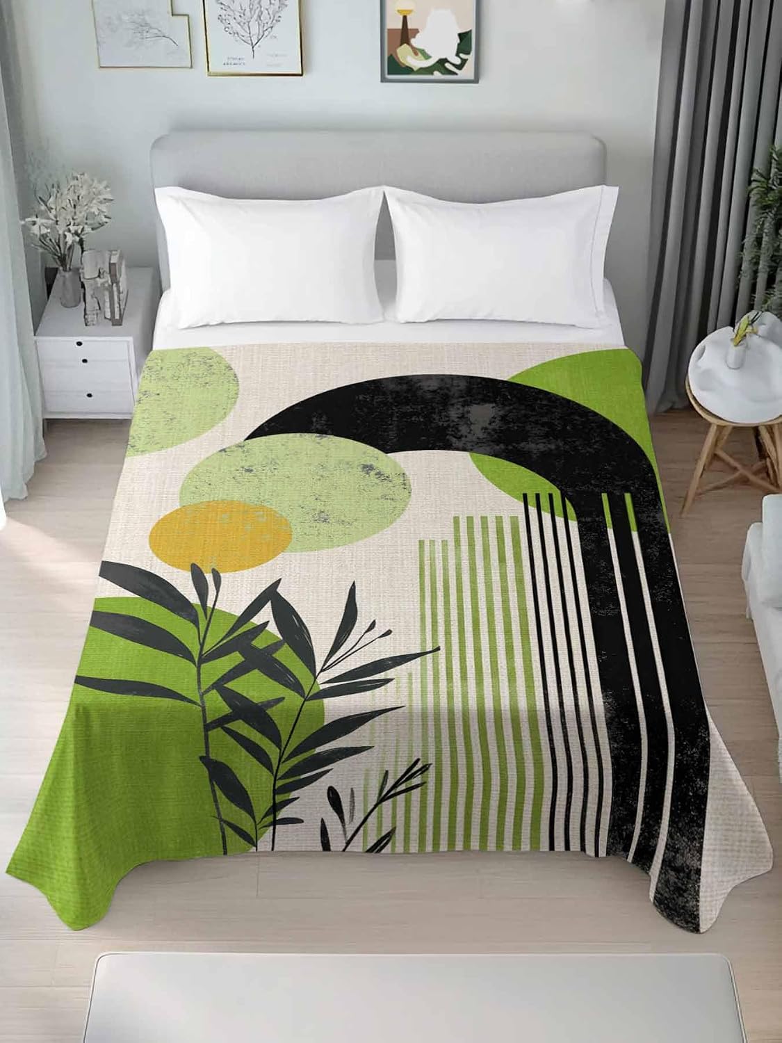 Top Sheet Full Bedding Flat Sheet Only, Mid Century Boho Green Color Block Microfiber Bed Sheets Soft Breathable Bedding Flat Sheets, Vintage Abstract Plant Hotel Luxury Top Sheets