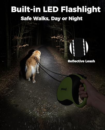 Miniatura 4 de Pecute Correa retráctil de 26 pies con luz, correa para caminar con cinta de nailon, 360 grados sin enredos, control de un botón, gancho de alta
