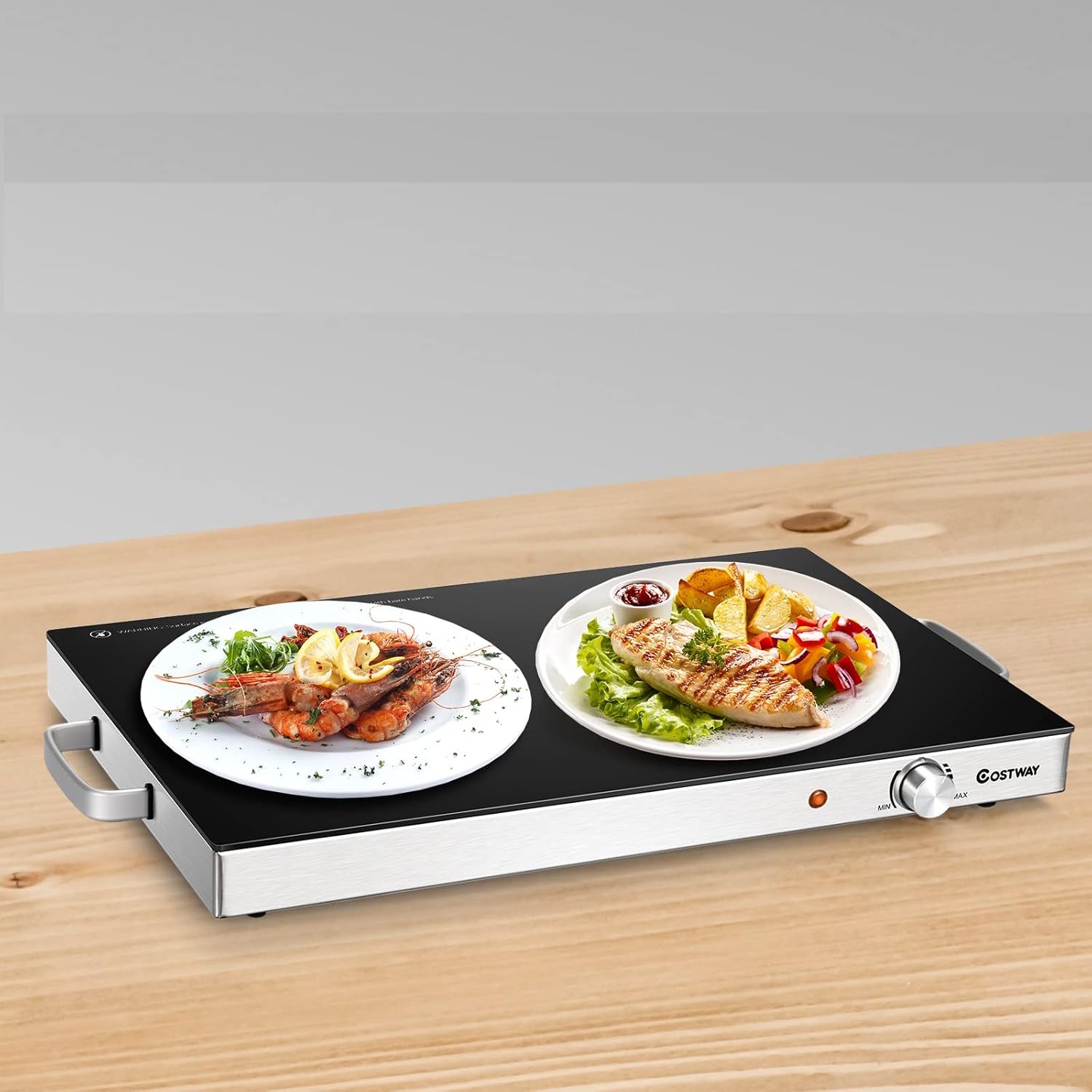 Hysache Electric Warming Tray, 22"x15" Food Warmer w/Cool-Touch Handles, Stainless Steel Frame, Temperature Control Knob & Power Indicator, Hot Plate for Family Use, Silver+ Black