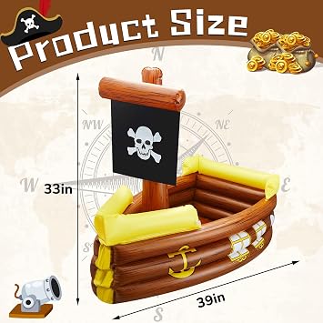 Cunhill Inflatable Pirate Ship Cooler Summer Inflatable Cooler for Birthday Gasparilla Party Decorations Pool Party Supplies Food Tray Beverage Serving Containers Ice Holder