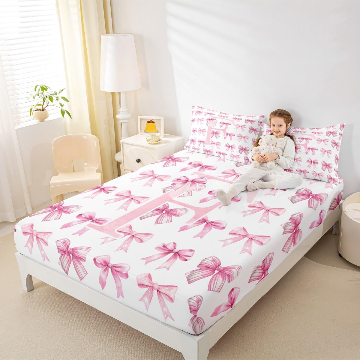 Erosebridal 3D Initial Letter F Bed Sheets Full Size Coquette Pink Bow Fitted Sheet for Mom/Daughter/Sister Aesthetic Bowknot Cute Preppy Bed Set Dreamy Fantasy Monogram Sheets with Deep Pocket(F)