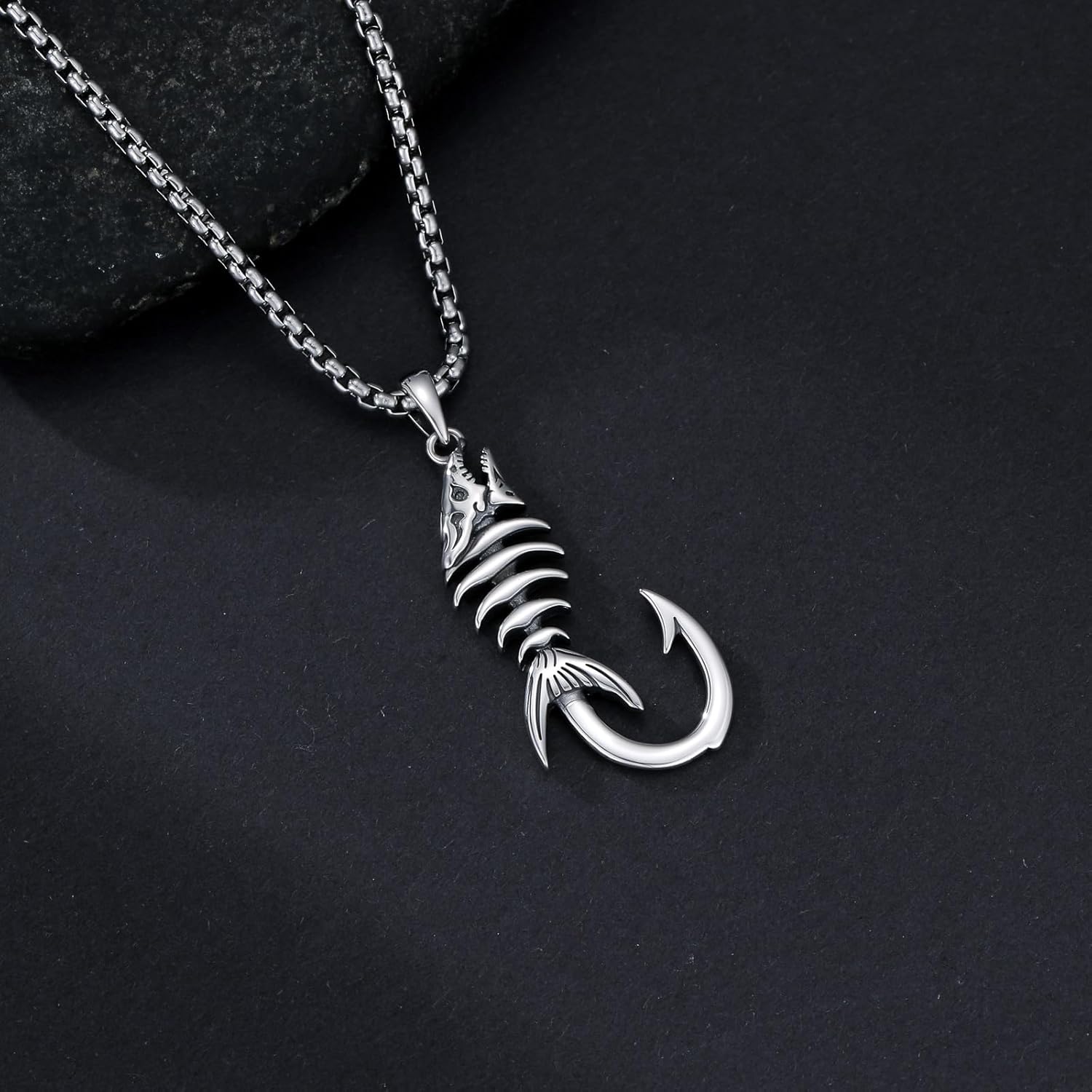 PROESS Fish Hook Necklace 925 Sterling Silver Deer Antler Hunting/Viking/Turquoise/Hawaii Skeleton Double Fishhook Pendant Fishing Necklace Hunting Jewelry Gifts for Men Women Fishing Lover - Image 3