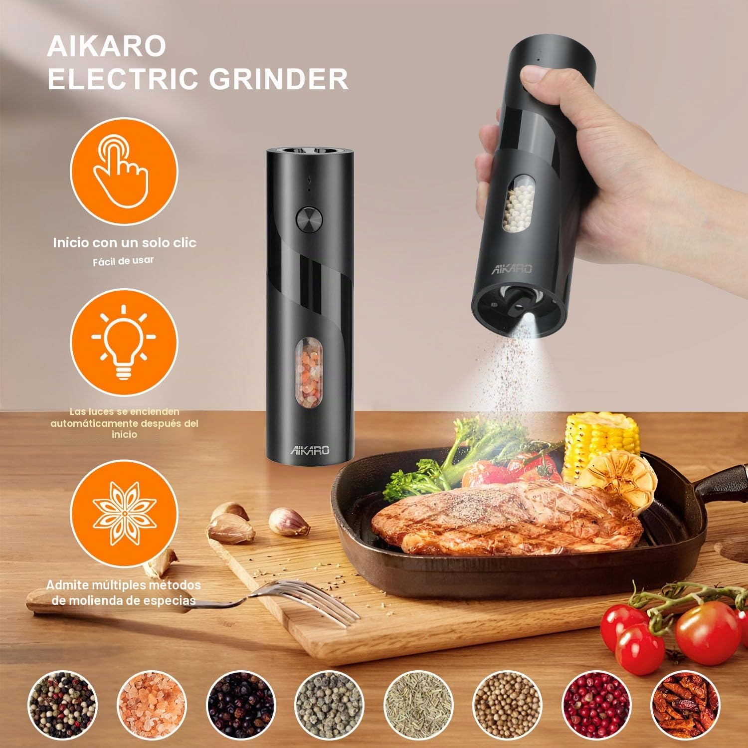 AIKARO - Molino eléctrico de sal y pimienta Moledor automático de especias, Recargable (Set)