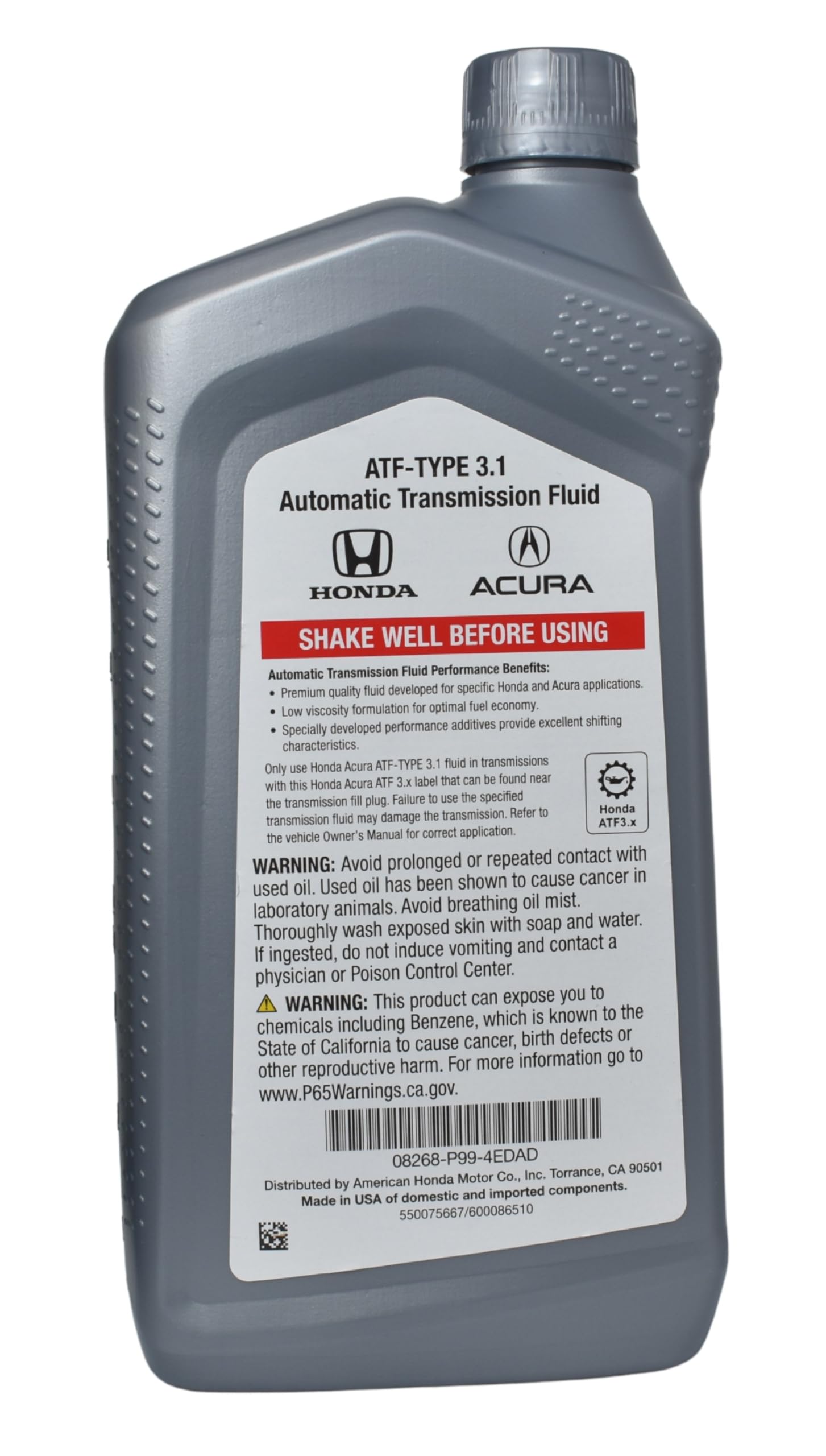 Amazon.com: Honda ATF-Type 3.1 08268-P99-4EDAD(x4 Quarts) + ATF
