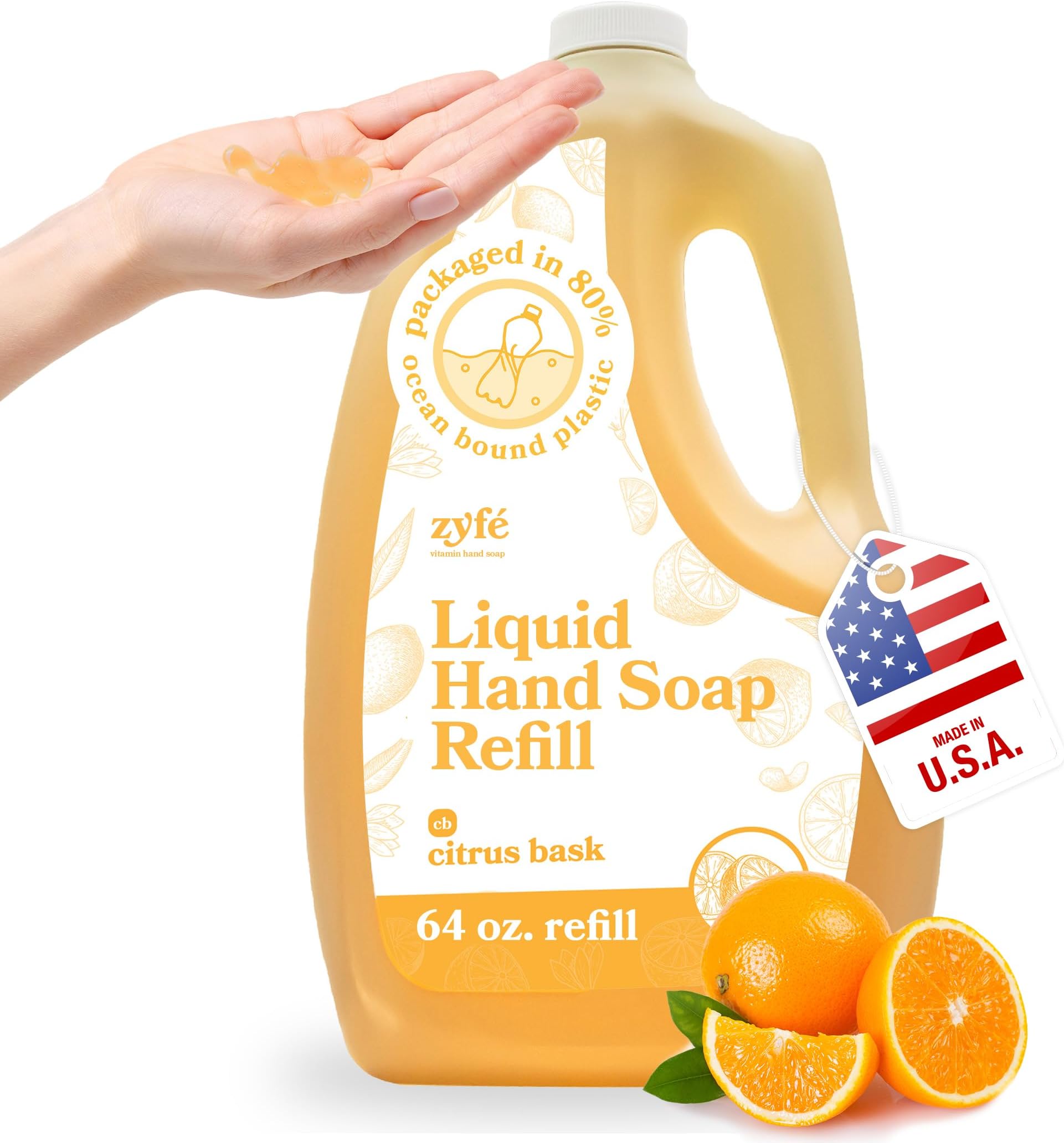 Vitamin Hand Soap Refill - Liquid Hand Soap - Natural Plant Derived Moisturizing Handsoap with Essential Oil Fragrance Citrus Bask - Soft Hand Wash for Kitchen & Bathroom - Lush Soft Soap 64oz