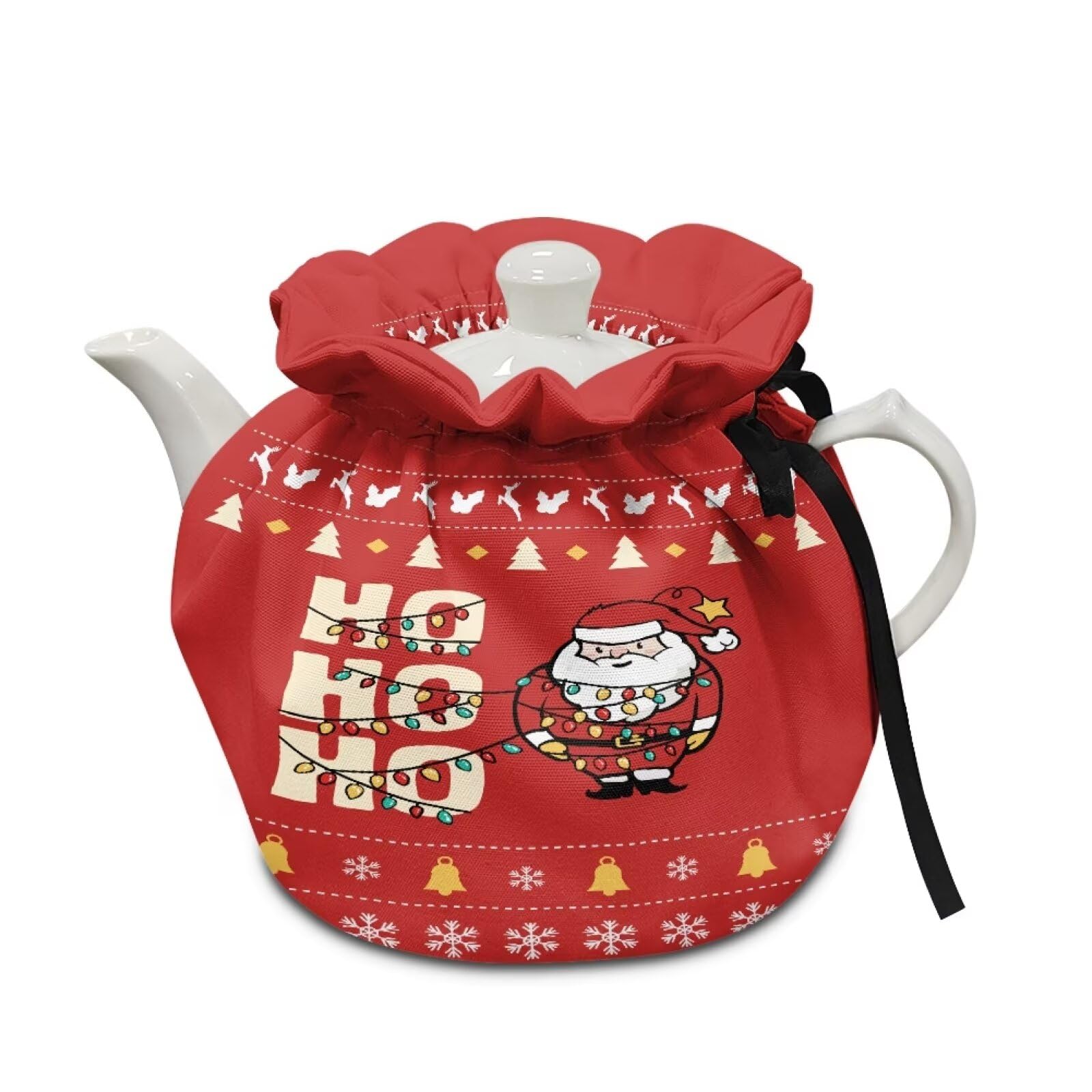 Santa Claus Lights Insulated Tea Cosy for Teapots Scratches-Proof Fabric Tea Pot Protective Dust Cover Breakfast Warmer Tea Kettle Quilt for Home Kitchen Red Christmas Decor