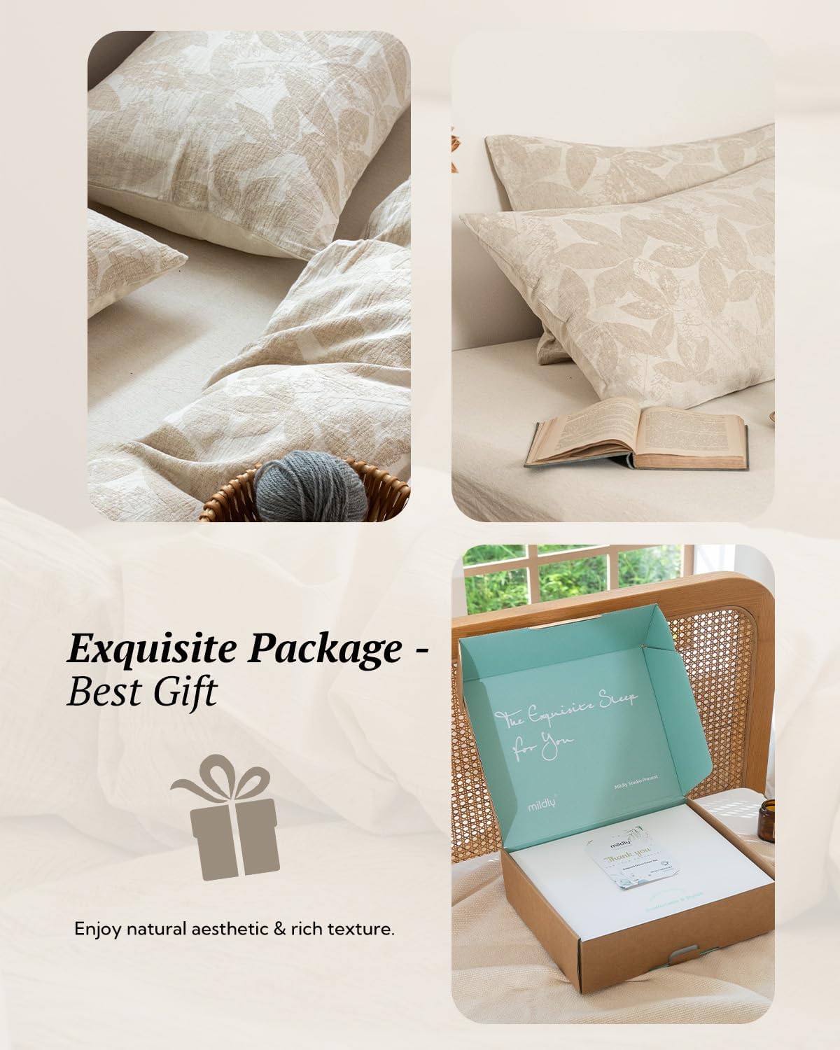 MILDLY Linen Cotton Duvet Cover - Jacquard Textured Leaves Comforter Cover Set 3pcs with Zipper Closure Breathable & Minimalist for All Season - Image 7