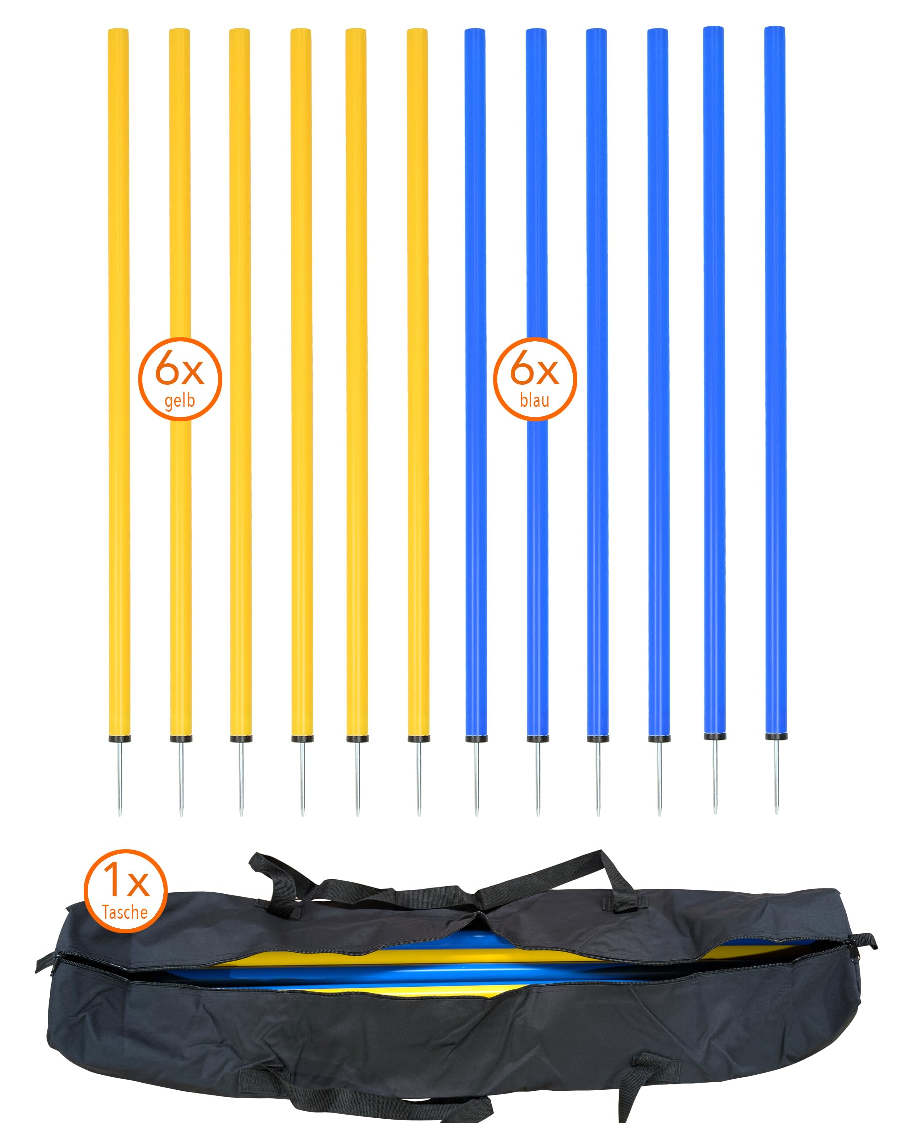 Slalomstangen-Set 12 STK., 32mm, 100cm, mit Tasche gelb/blau