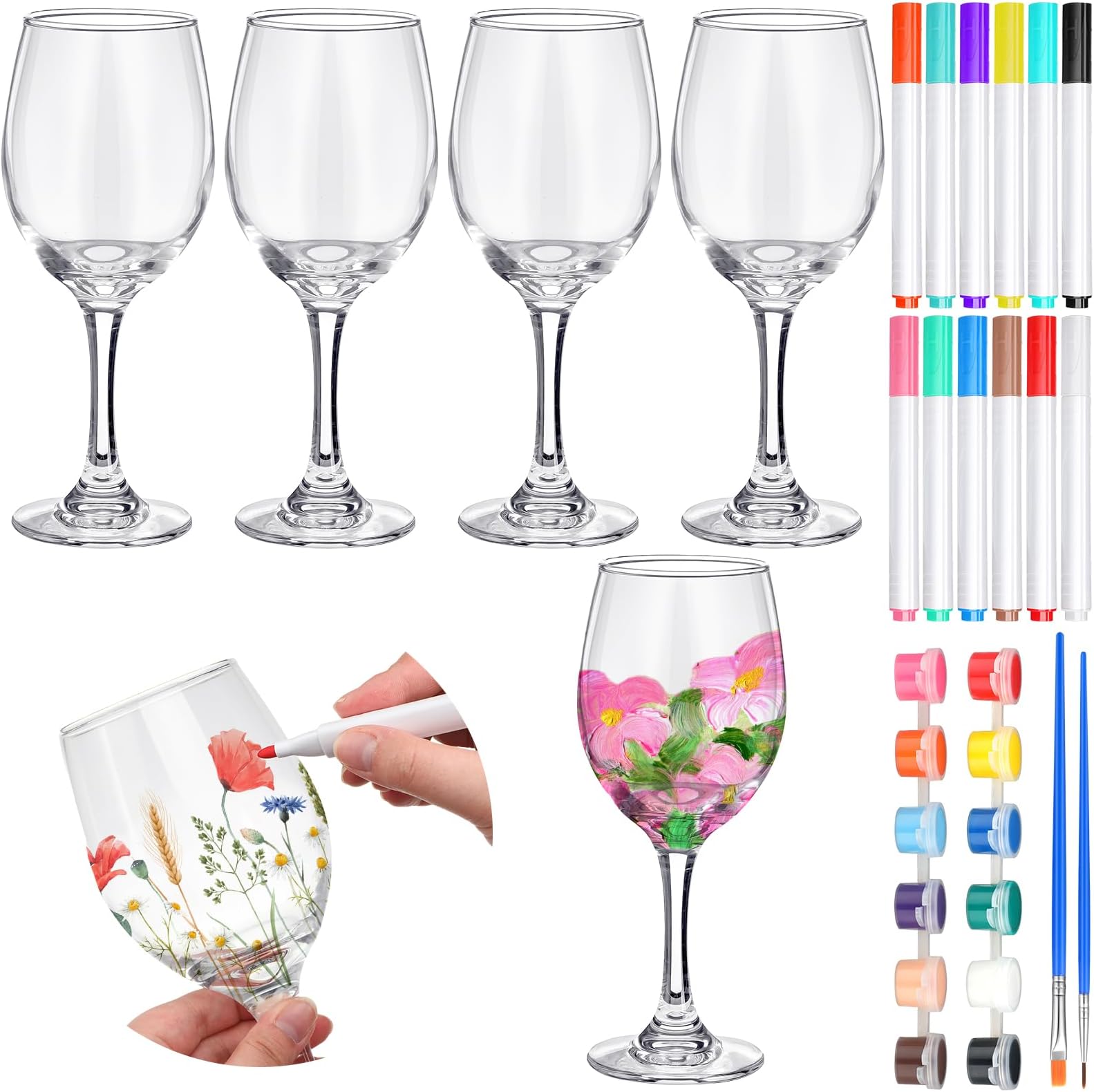 Pickmesh 4 Sets Crafts Gift Paint Your Own Wine Glass 15 oz Painting 12 Pcs DIY Markers 12 Colors Acrylic Paint with Brushes to Design Your Own Personalized Craft(High Feet)