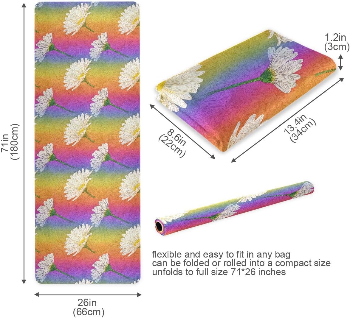 ALAZA Colorful Rainbow and White Daisy Yoga Mat Non Slip Fitness Exercise Mat, Workout Mat for Yoga, Pilates and Floor Exercises