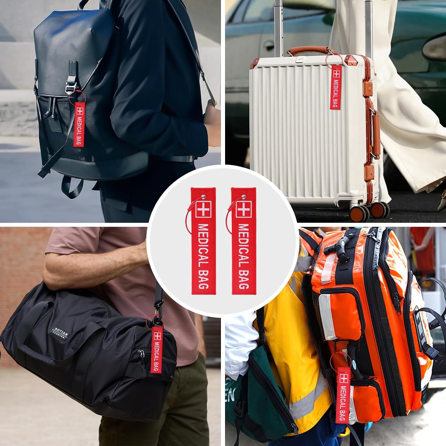 2 Pack Medical Alert Bag Tag Red Embroidered Emergency ID Label for Luggage (5.1x1.81 Inch) for CPAP/Diabetic Supplies Travel Accessories with 2 Red Wire Key Rings