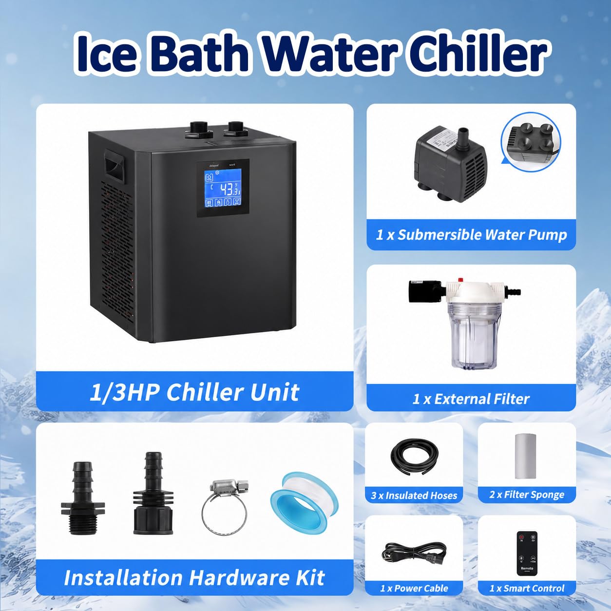 Refrigeratore 1/3 HP per Bagno Freddo con Pompa e Telecomando | Filtro Esterno e Materiale Filtrante per Configurazioni di Bagno Freddo Domestiche e Professionali.