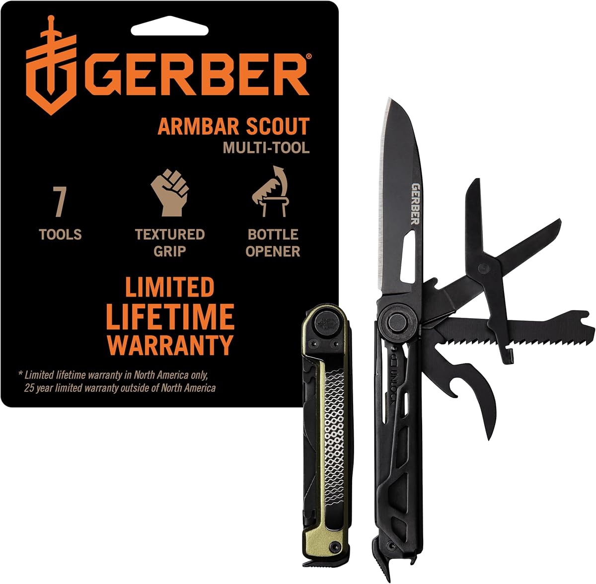 Gerber Armbar Scout EDC Multitool Pocket Knife w/ Bottle Opener, Green | Compact everyday carry, 2.5" plain edge blade, hammer, scissors, saw, bottle opener, pocket clip, camping, hiking