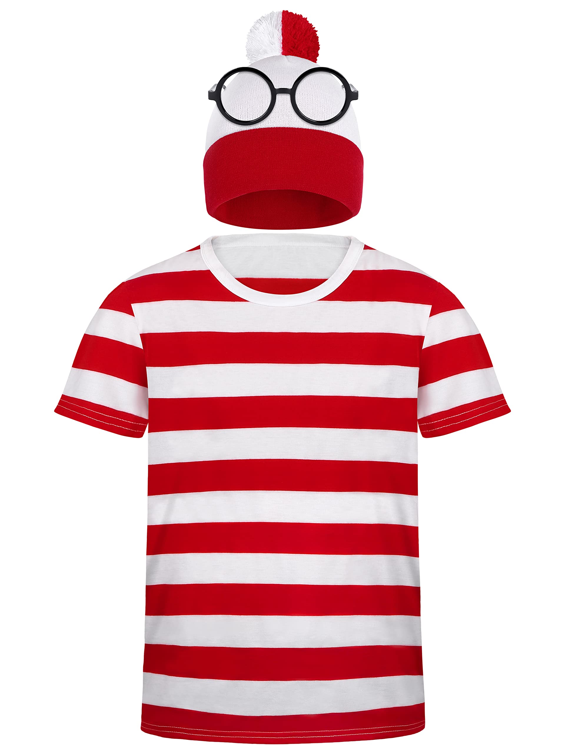 SOMSOC Adults Men Halloween Costume Sets Red and White Striped Tee Shirt Cosplay Beanies Hat Nerd Glasses Suits