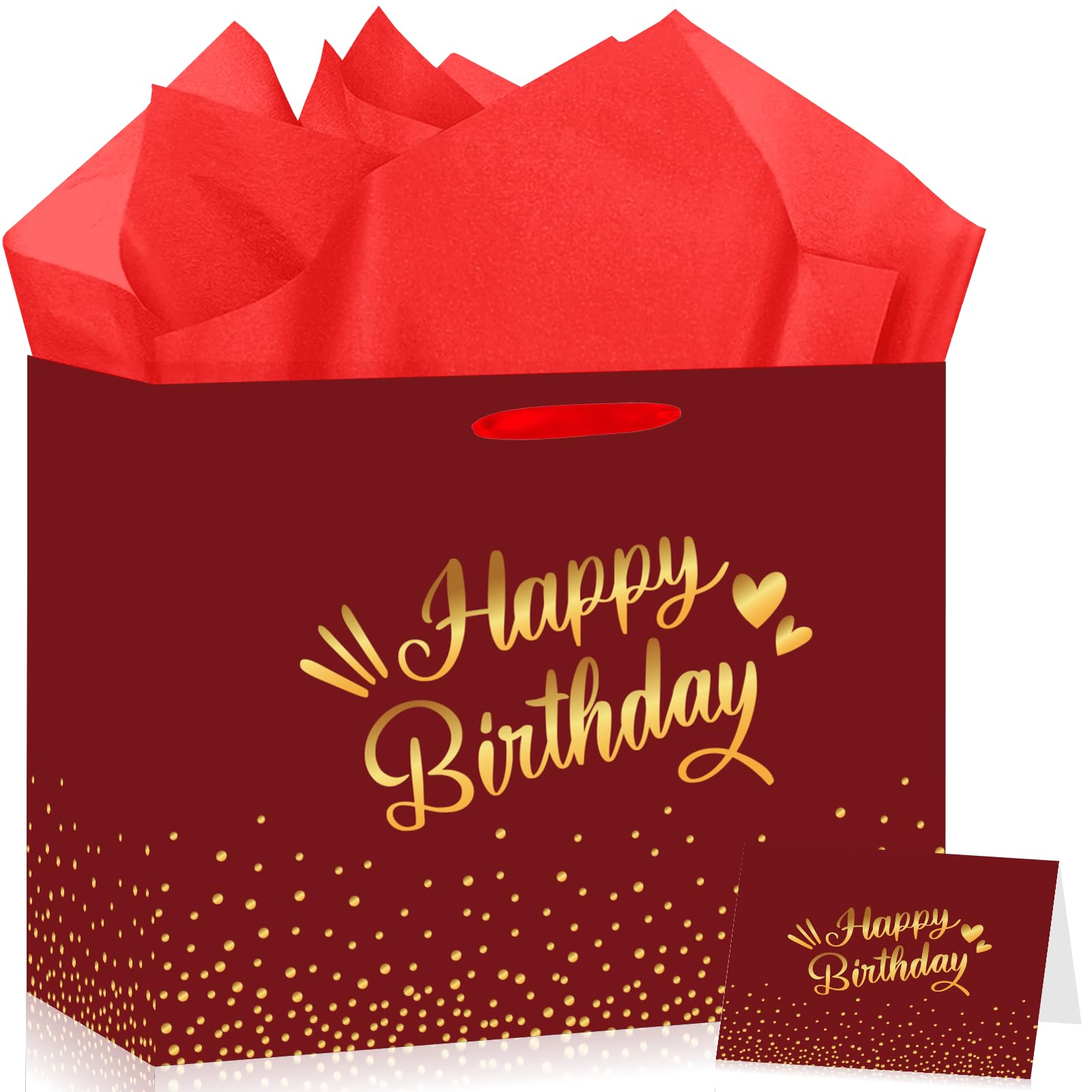 Burgundy Birthday Gift Bag with Tissue Paper Card Large Red Gold Foil Happy Wrapping Paper Bag Elegant Present Bags for Adult Women Men Mum Dad Milestone Birthday Supplies Premium Party Favors Decor