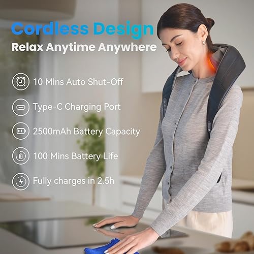 Miniatura 2 de COMFIER Masajeador inalámbrico de cuello y hombros con calor, masaje Shiatsu para dolor de tejido profundo, amasado 4D, regalos para papá y mamá