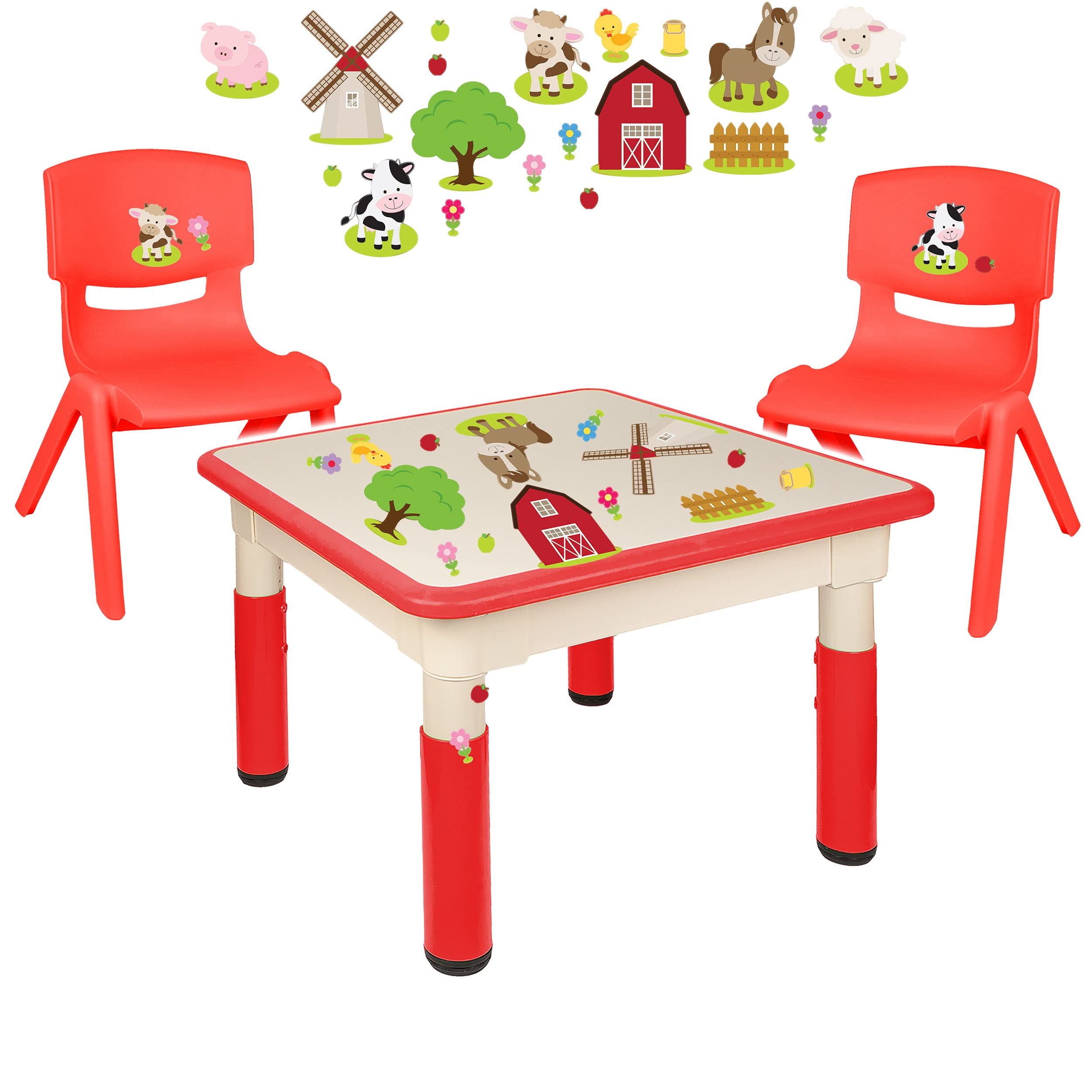 alles-meine.de GmbH Sitzgruppe für Kinder - Tisch + 2 Kinderstühle - Größen & Motiv & Farbwahl - Bauernhof Tiere/rot - höhenverstellbar - 1 bis 8 Jahre - Plastik - für INNEN & ..
