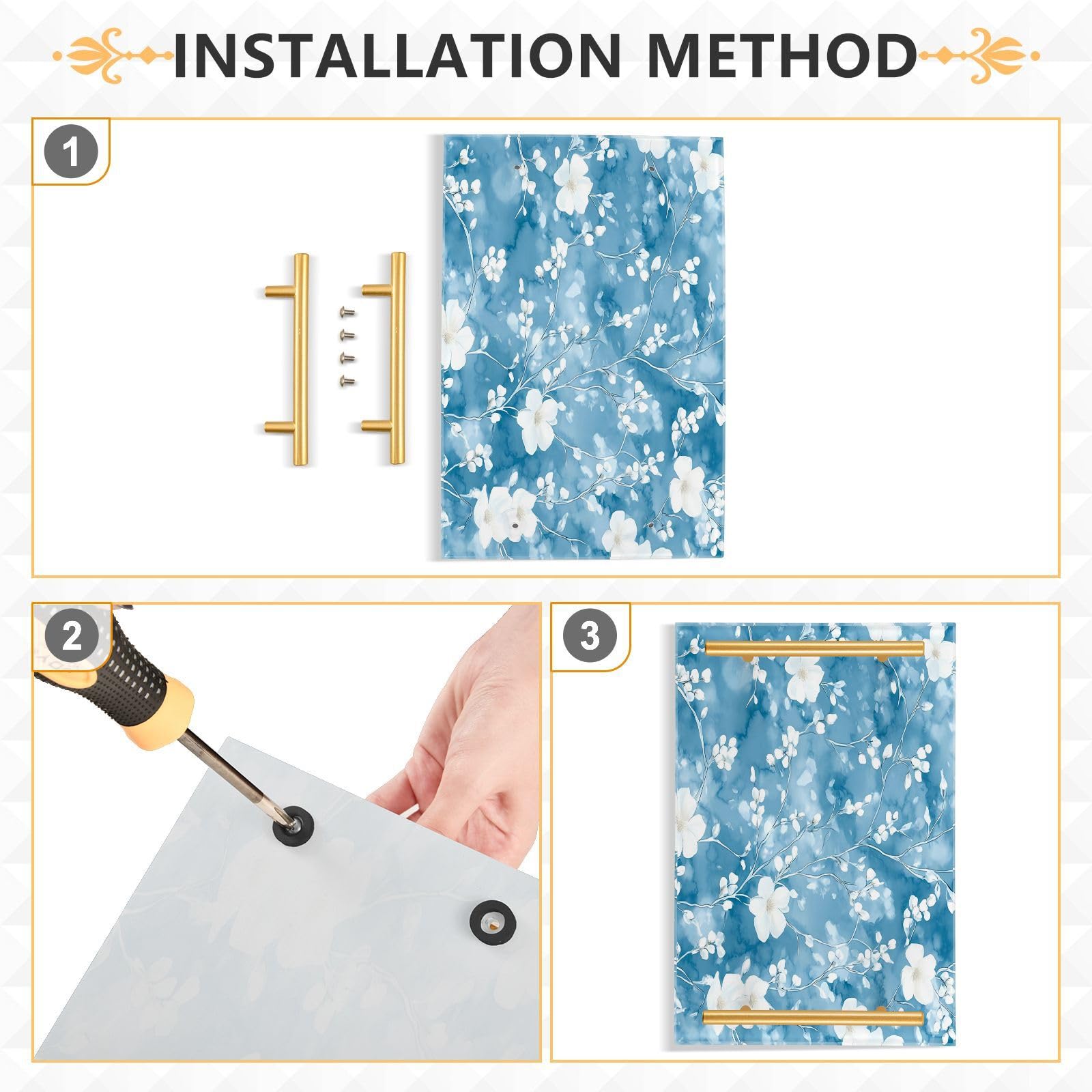 BOESI White Flowers on Blue Background Tray, Tray with Handles, Countertop Organizer, Decorative