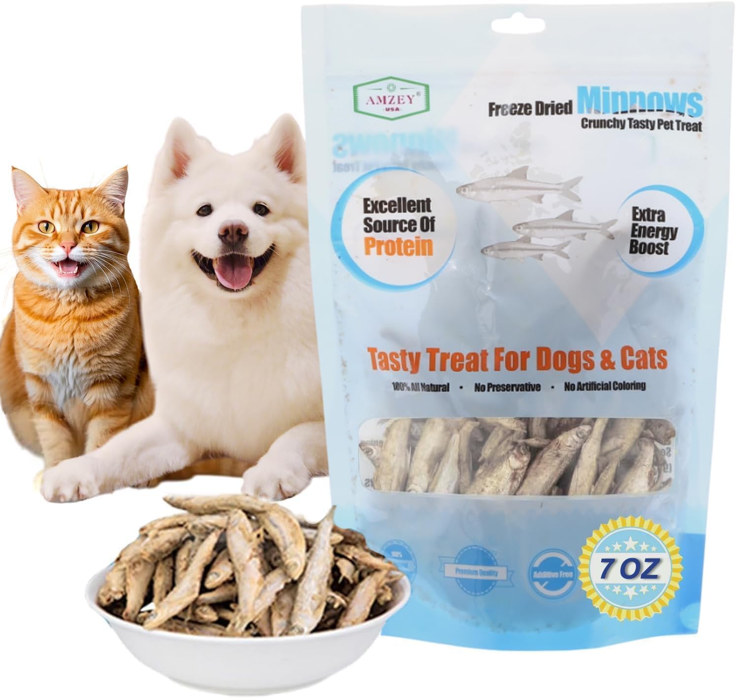 Amzey 7oz Minnows Dog Treats - Freeze Dried Minnows Cat Treats - High Protein & Premium Quality Training Treats - Bulk Package (1.6" to 2.8" Length Each)