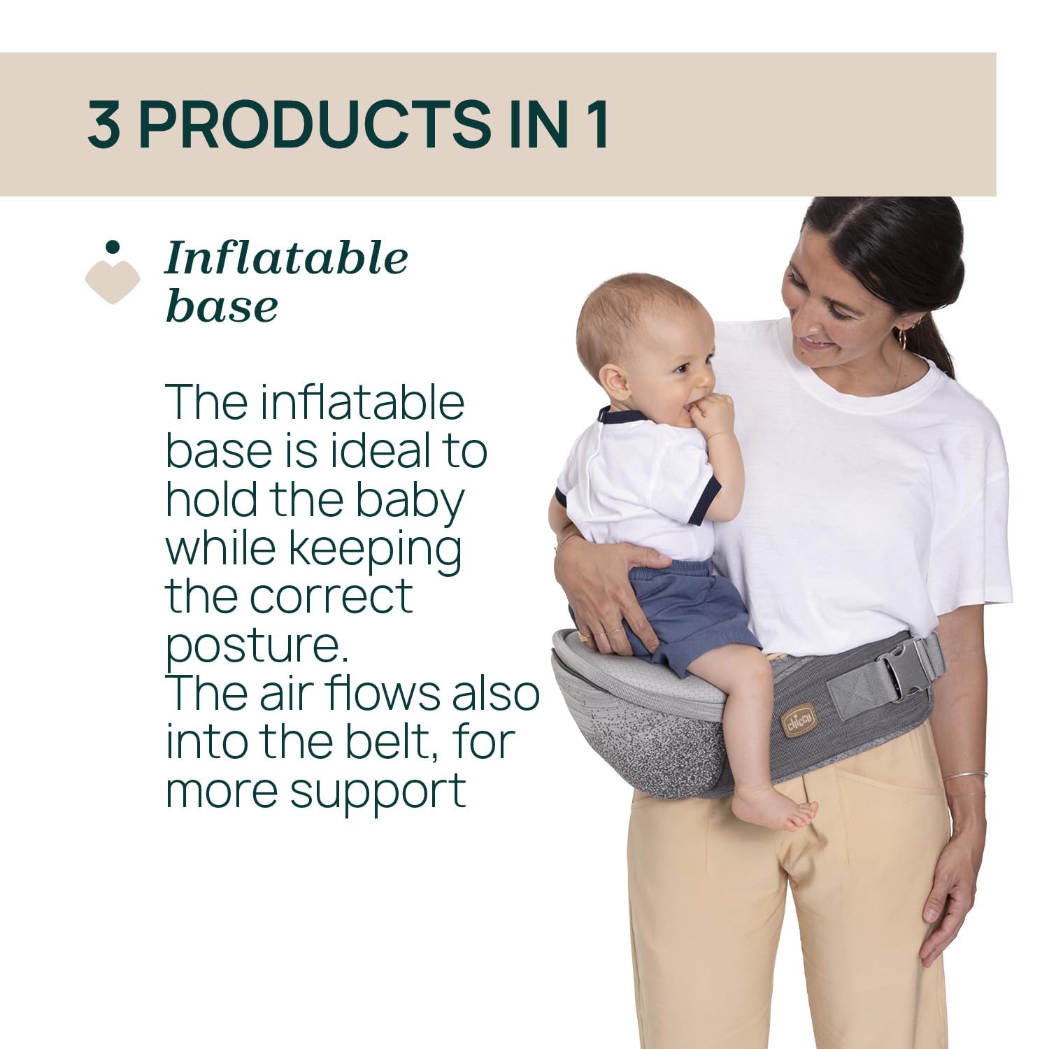 Chicco Airy Hip Fit 3-in-1 Babytrage, abnehmbarer Basis-Support, mehrere Positionen, 0-15 kg