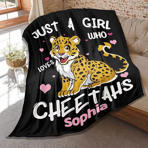 Miniatura 10 de Manta de guepardo con texto en inglés Just Girl Who Loves Cheetah, manta de franela para niños, manta de leopardo suave, acogedora y ligera para