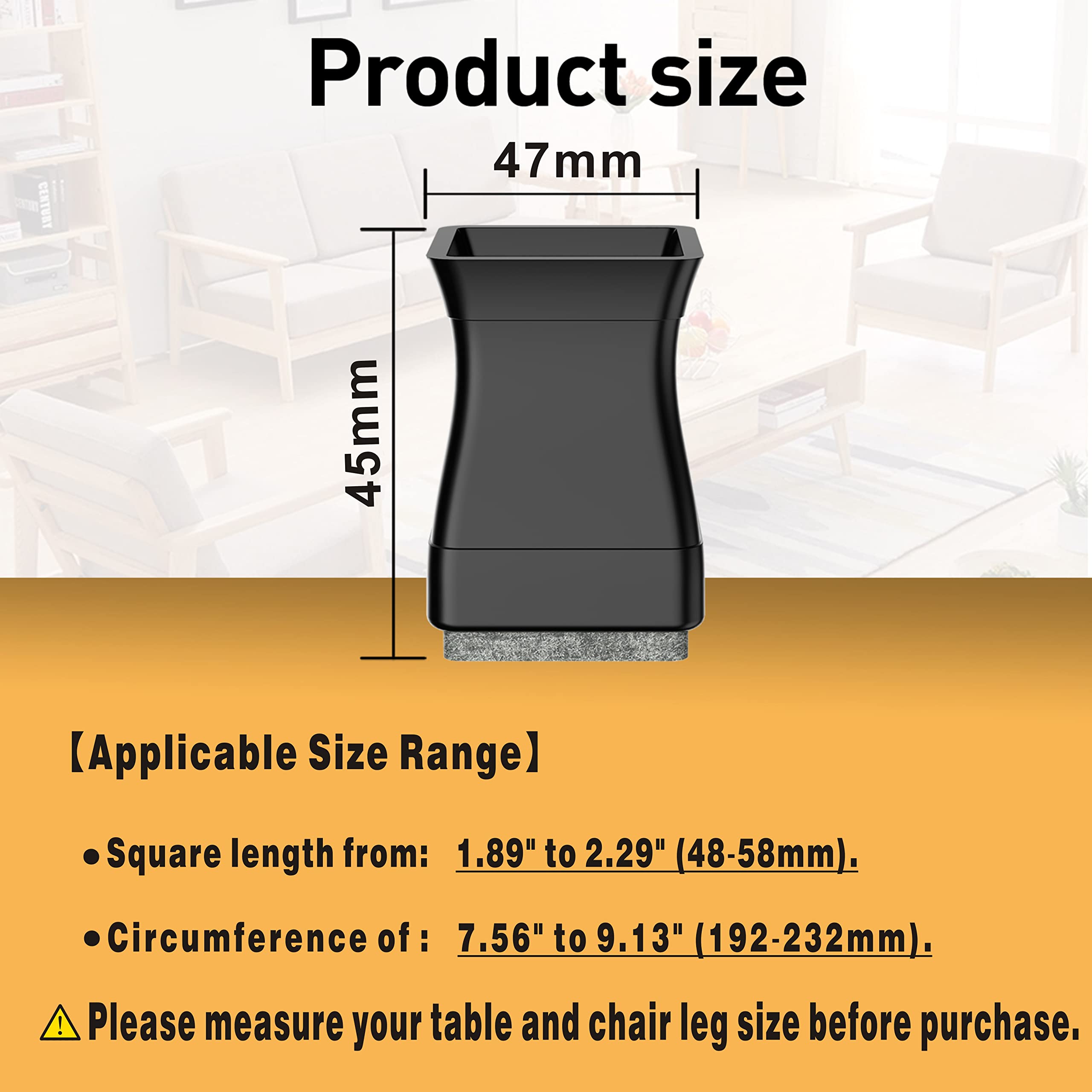 Lot de 16 protections de sol carrées en silicone pour pieds de chaise en bois dur pour éviter les rayures et réduire le bruit, faciles à déplacer (convient pour : 5,1 cm à 6,3 cm, noir)