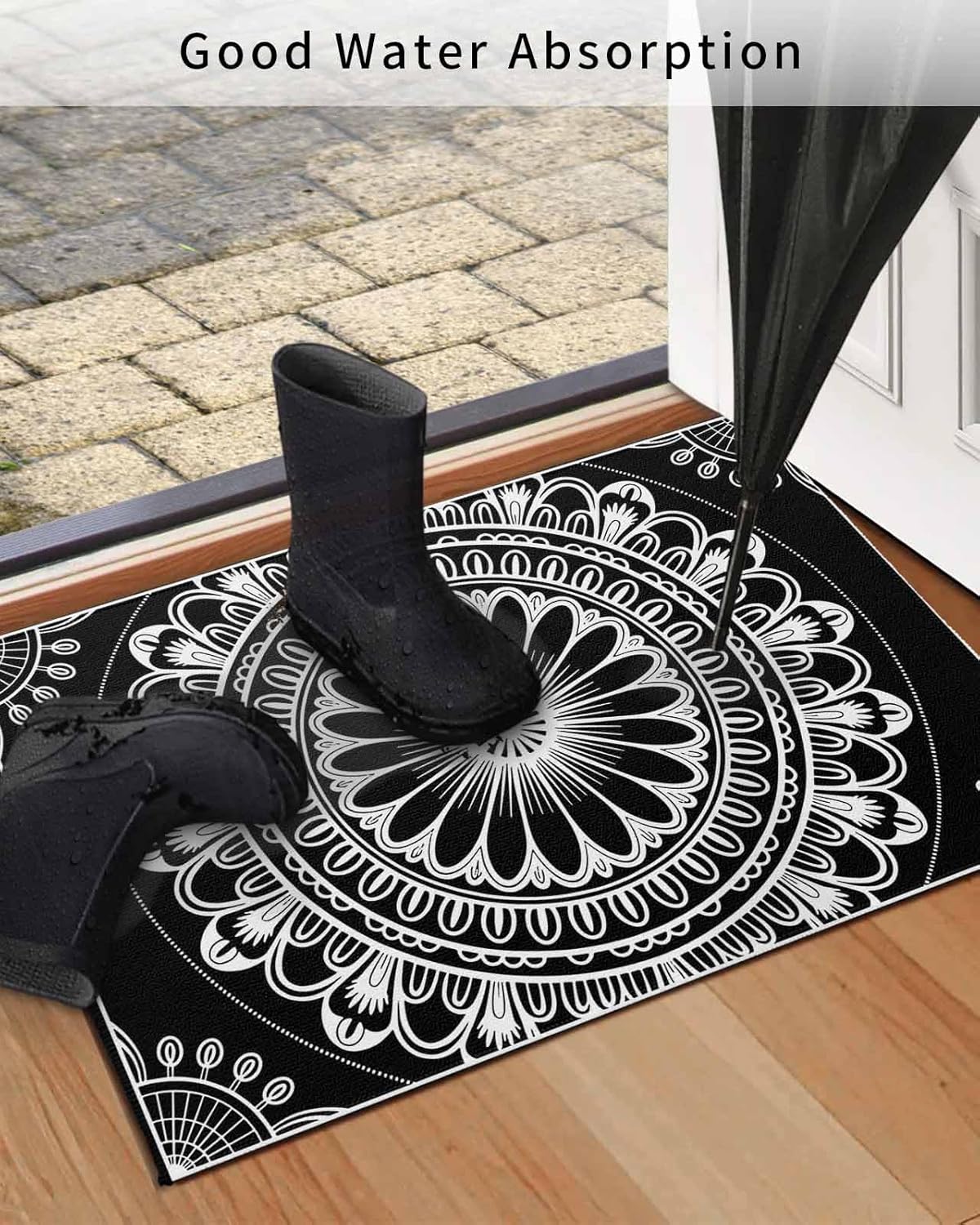 Front Door Mat Indoor Outdoor Abstract Art Ethnic Floral on Black Non-Slip Doormat Low Profile Patio Porch Entryway Rug 18x30in Bohemia Flower