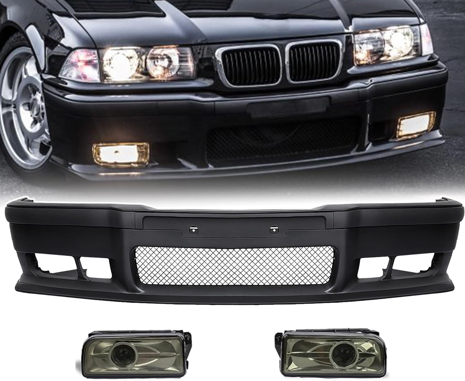 PENSUN Front Bumper Body Kit for 1992-1998 BMW E36 3Series, 1Pc M3 Style Bumper Replacement, with Black Style Fog Lights, with Front Grille