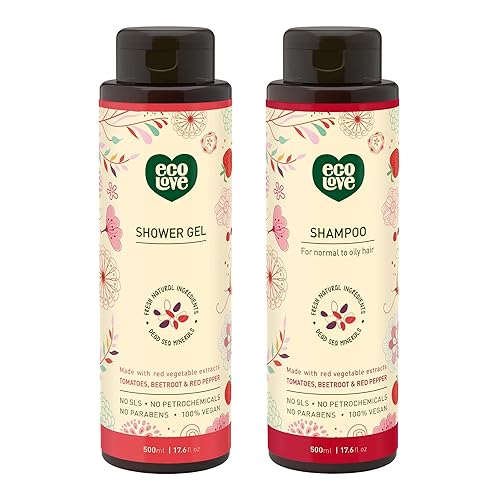 ecoLove Champú natural para cabello normal y graso y gel de baño hidratante para piel seca - Con extracto orgánico de tomate y remolacha sin SLS o