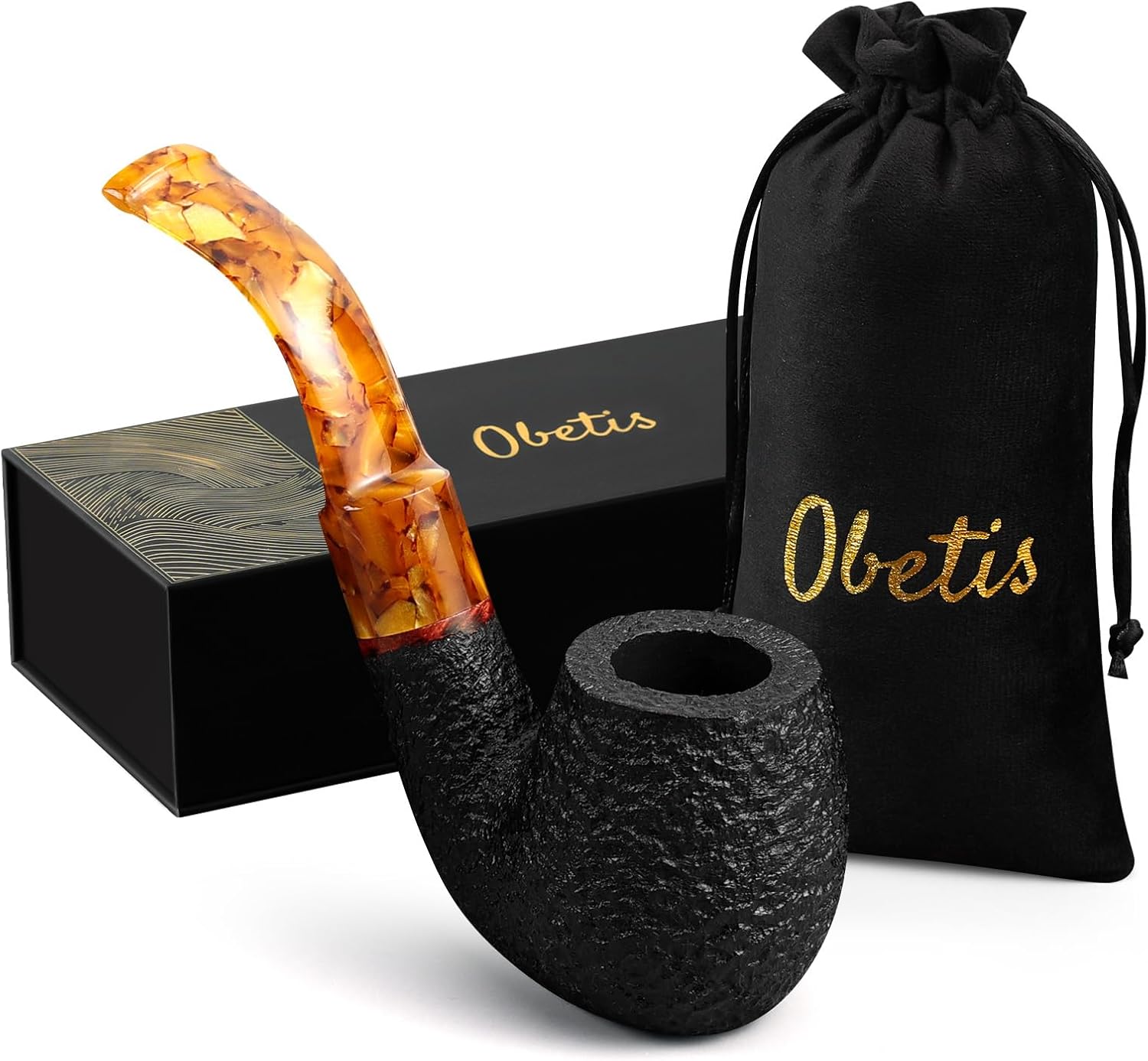 Briar Tobacco Pipe Rustic Finish - Handmade Calabash Flat Base Wood Pipe with Amber Stem - Vintage Style Collectible Gift for Men Smoker with Gift Box & Pouch