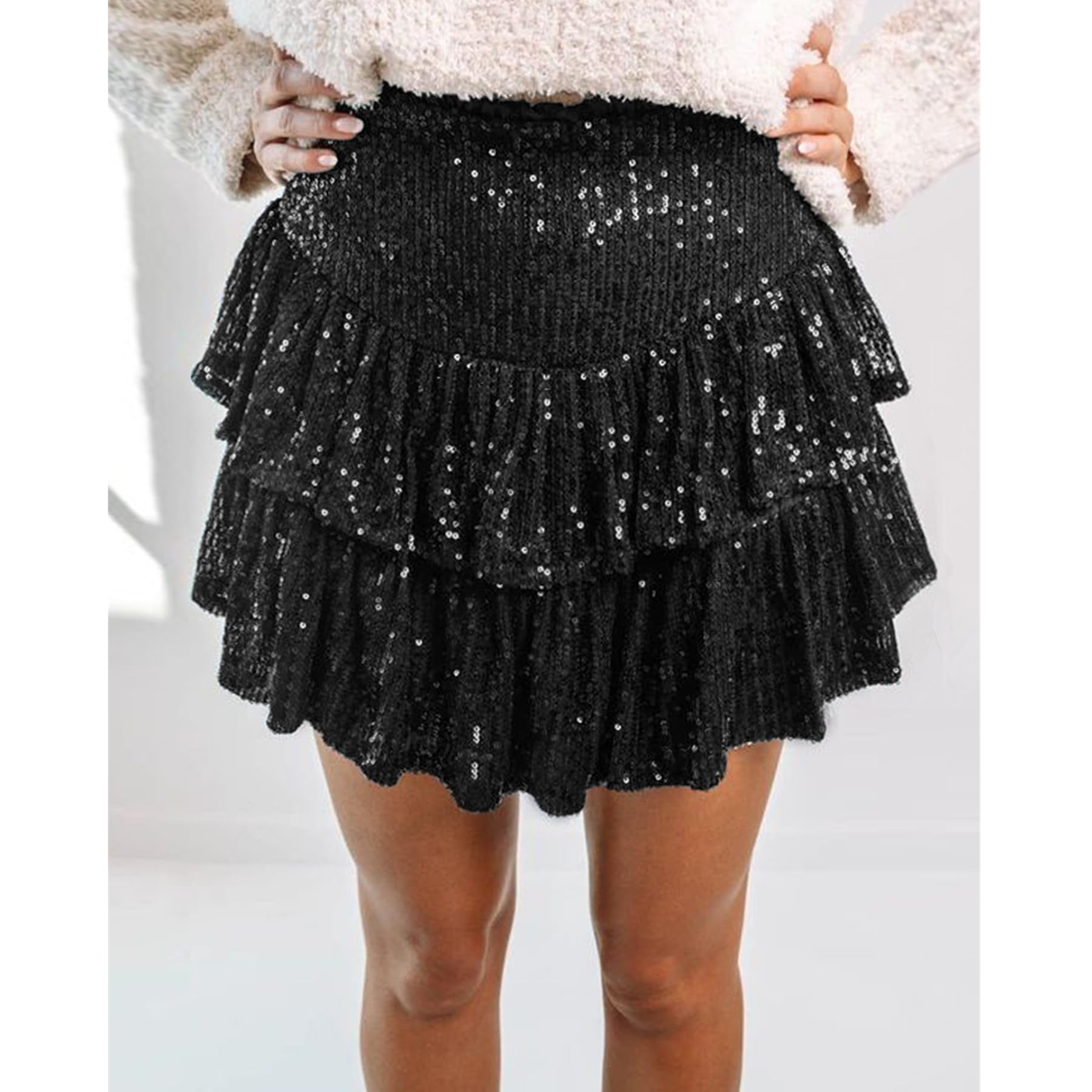 MINGSEECESS Minigonne corte da donna con paillettes glitterate, linea ad A, con volant, svasata, casual, gonna a pieghe per party club