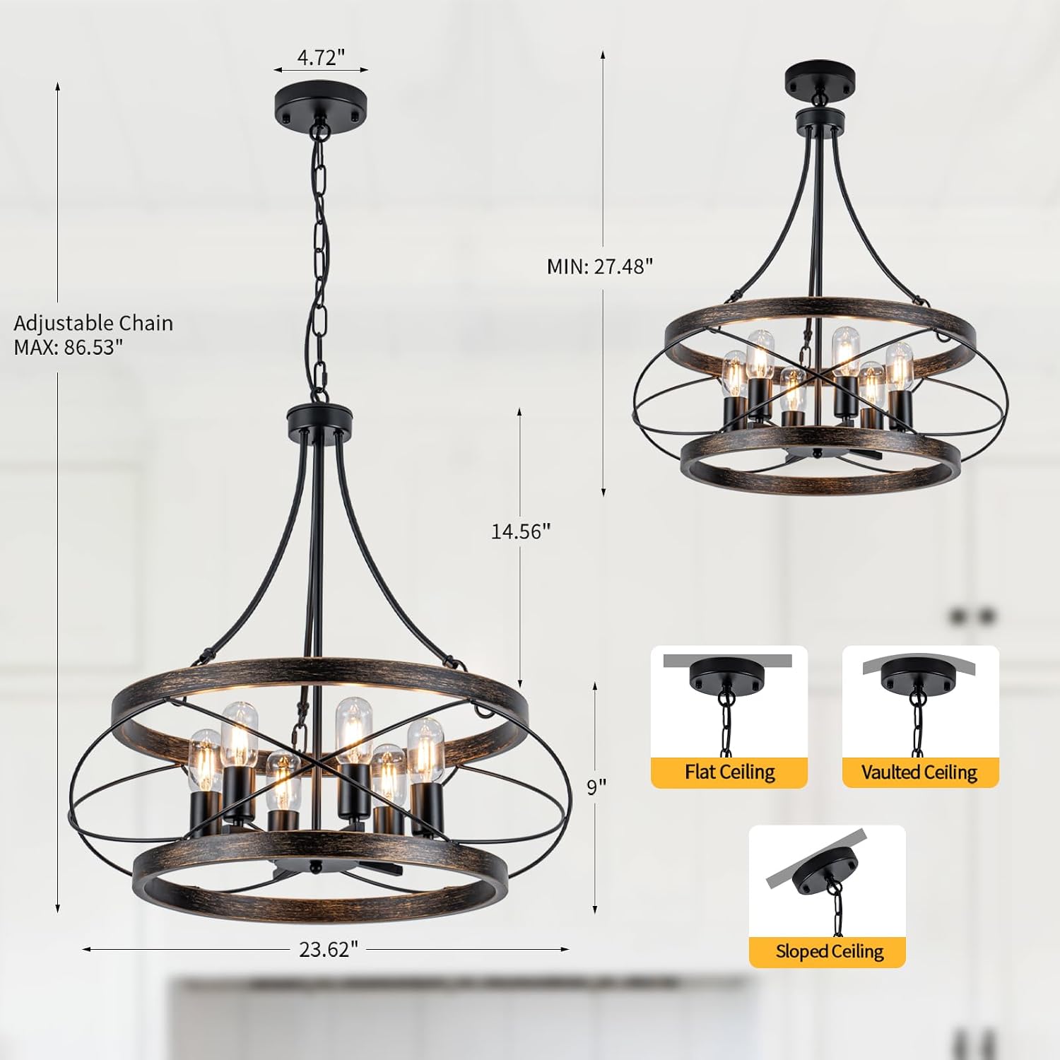6-Light Farmhouse Chandelier, 23.62" Rustic Drum Dining Room Light Fixture, Large Bronze Chandeliers Hanging Pendant Lighting, Industrial Candle Chandeliers for Living Room Kitchen Entryway Bedroom