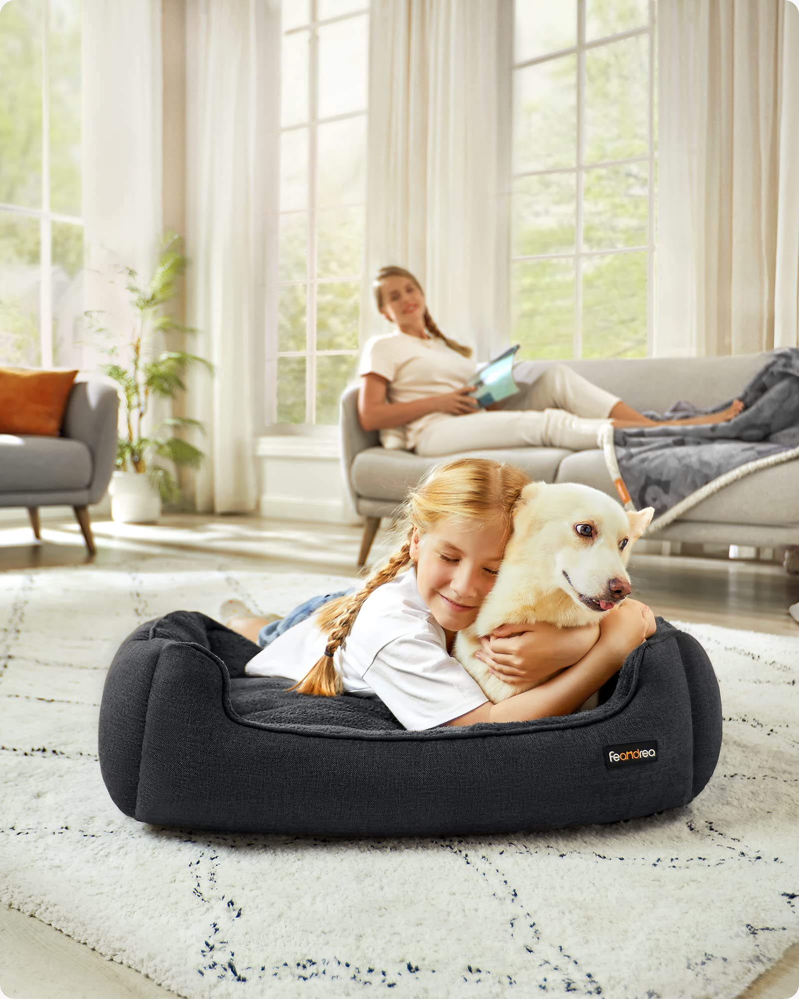 Feandrea Cuccia per Cani, Lettino per Animali in Simil Lino, Bordi Rialzati, Fondo Antiscivolo, Copertura Sfoderabile per Lavaggio, Taglia L per Cane Medio, 90 x 75 x 25 cm, Grigio Scuro PGW011G01