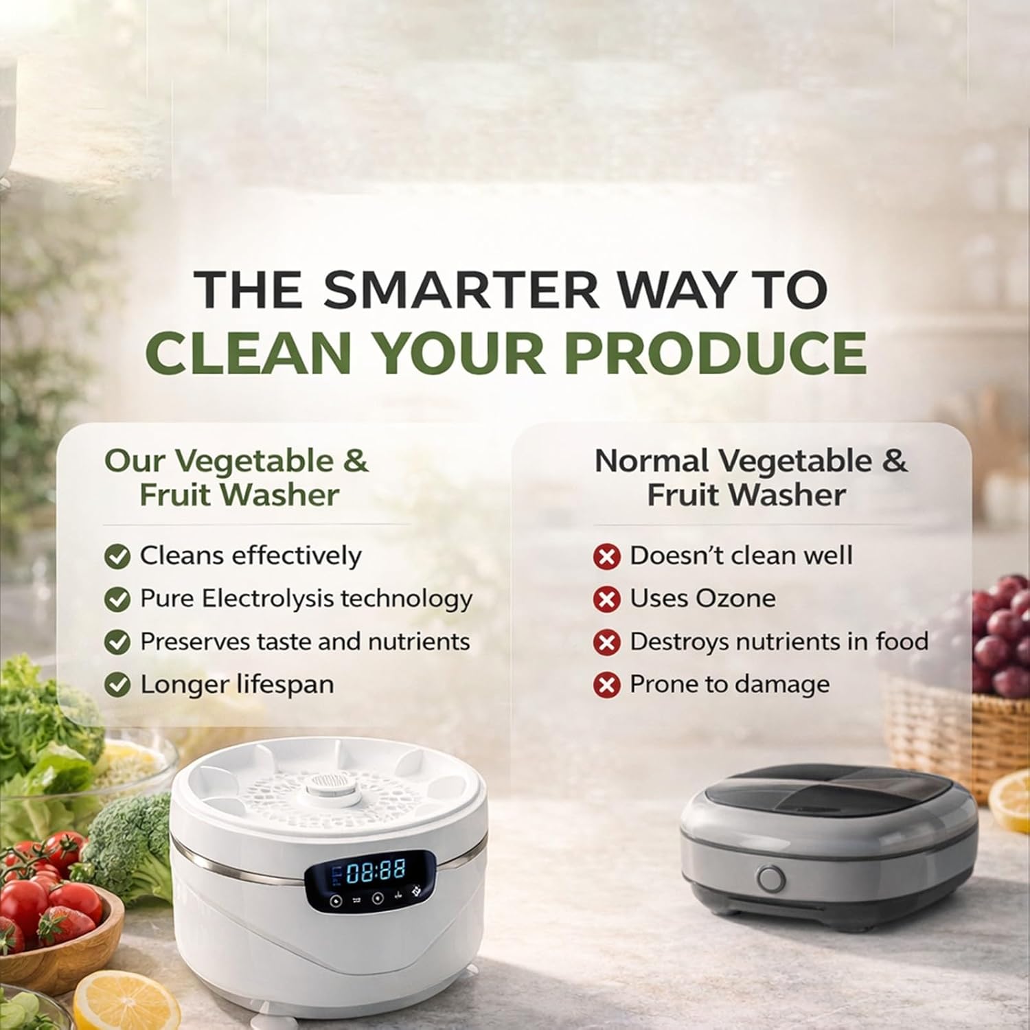 Fruit and Vegetable Washing Machine, Wireless Fruit Cleaner Device with Titanium Electrolysis, IPX7 Waterproof Portable Produce Cleaner Purifier for Veggies Fruits Meat Seafood Kitchen (White)