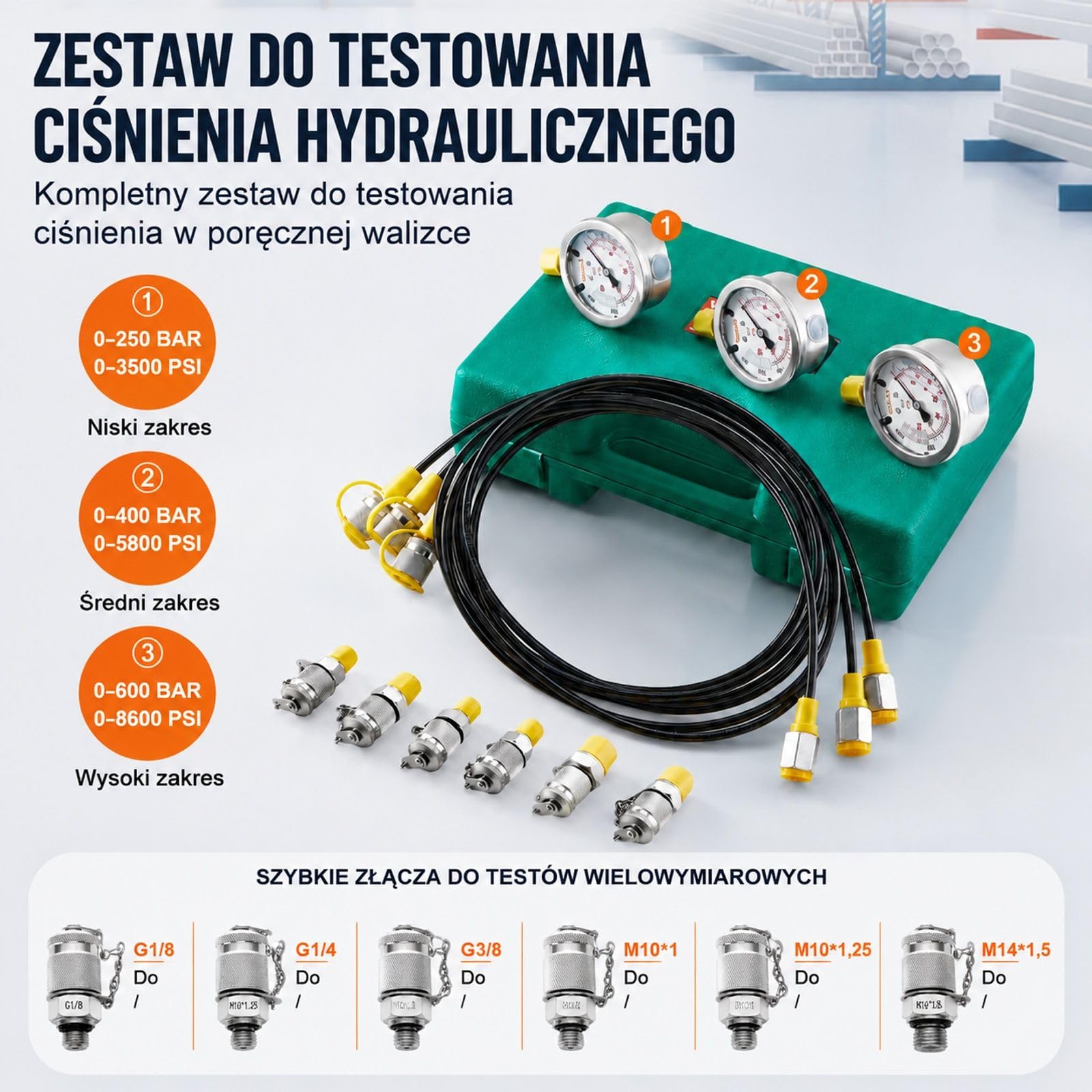Zestaw do pomiaru ciśnienia hydraulicznego 250/400/600 bar, 3 manometry, 6 złączy, 3 węże, torba do koparek, ciągników, maszyn budowlanych
