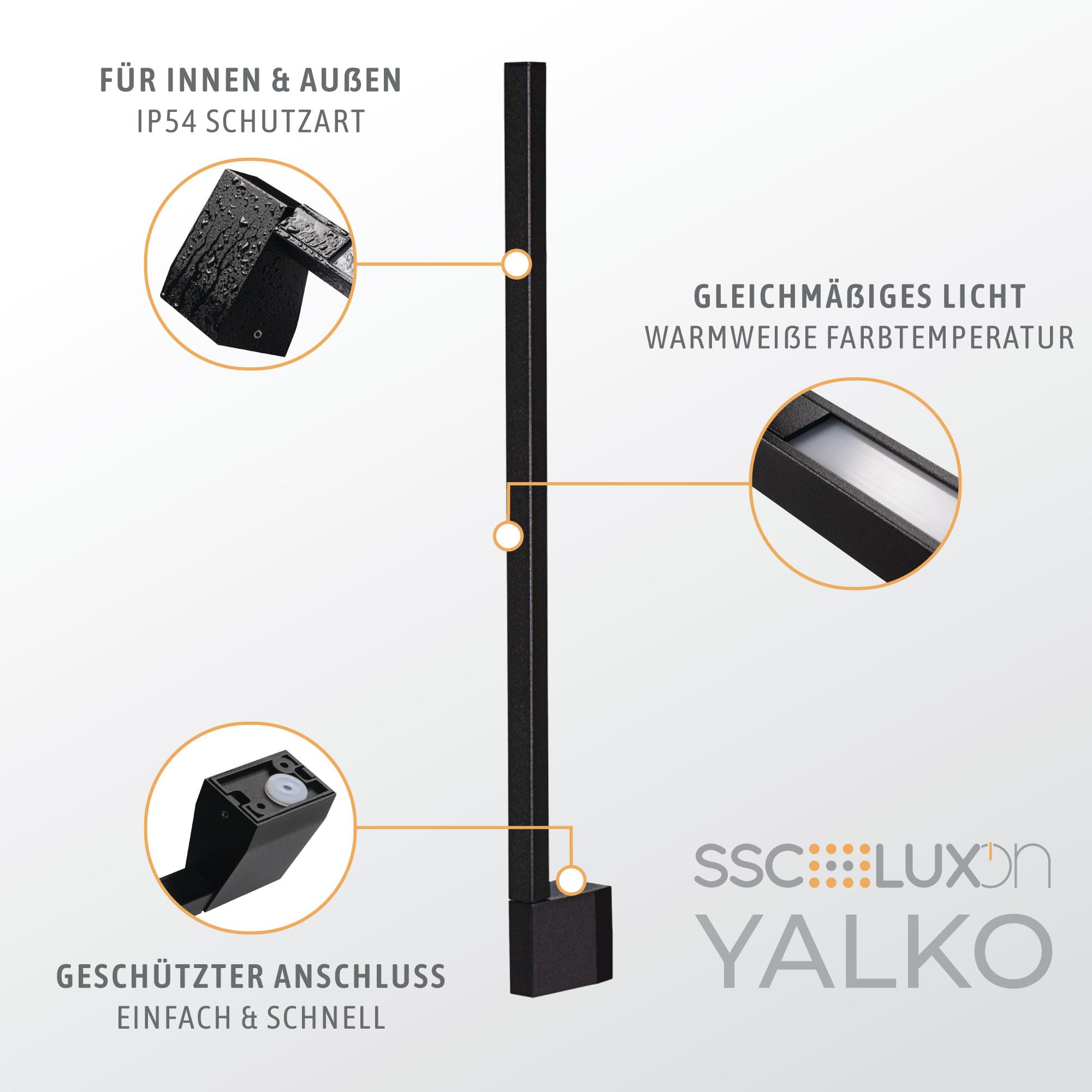 SSC-LUXon LED Wandstrahler Innen Außen YALKO 90 cm schwenkbar 330° IP54 – lange Wandlampe mit warmweißen Licht für Wohnzimmer Bad Terrasse