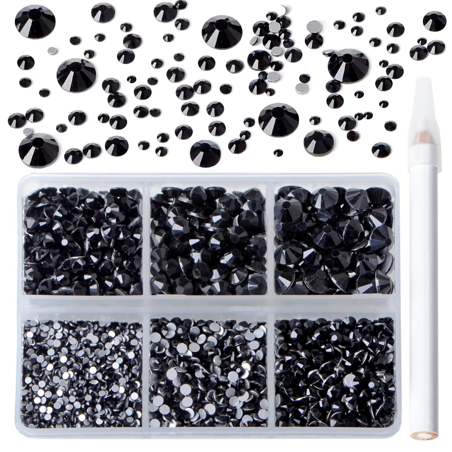 Bymitel 5000 Pieces 6 Mixed Sizes Glue Fix on Glass Rhinestones Round Crystal Gems Flatback for DIY Jewelry Making with one Picking Pen(Mix: SS4-SS30/5000PCS, Black)