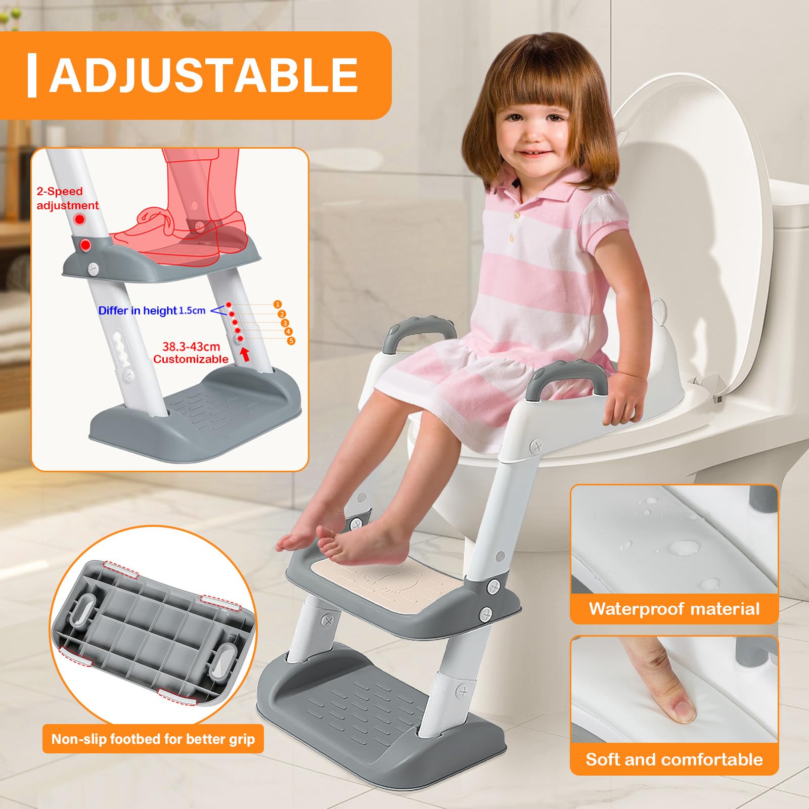 Reducteur Toilette Enfant, Rehausseur de Toilette pour Enfant avec Marche, Adaptateur PU-Coussin, Pliable et Antidérapant