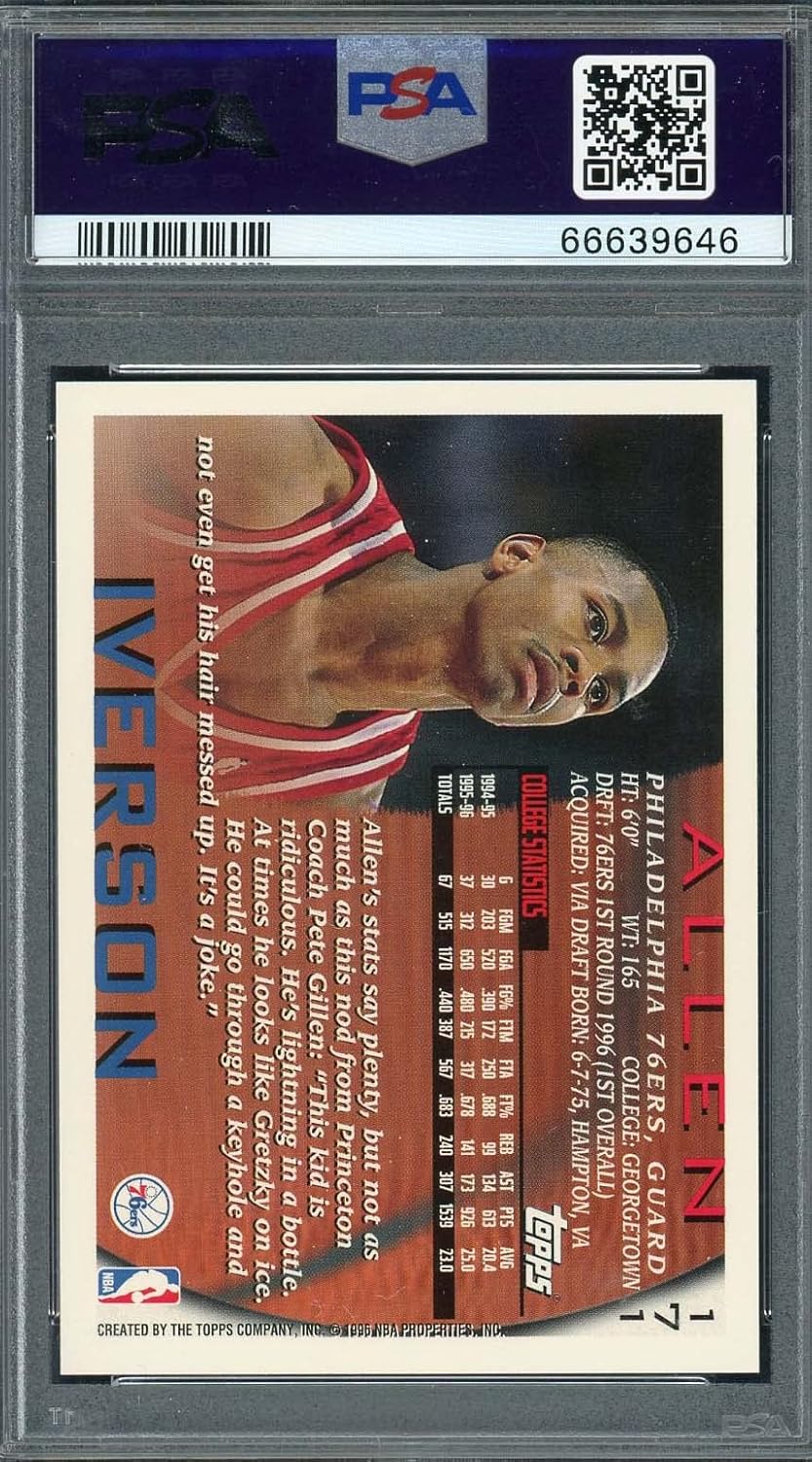 Allen Iverson 1996 Topps Basketball Rookie Card RC #171 Graded PSA 10